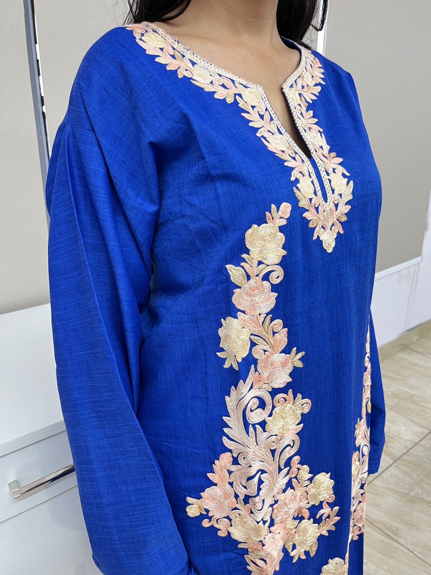 Naariy Blue with Beige Embroidered Thread Work Cotton Straight Kurti