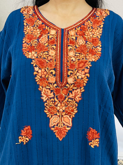 Naariy Navy Blue With Brown Embroidered Thread Work Cotton Straight Kurti