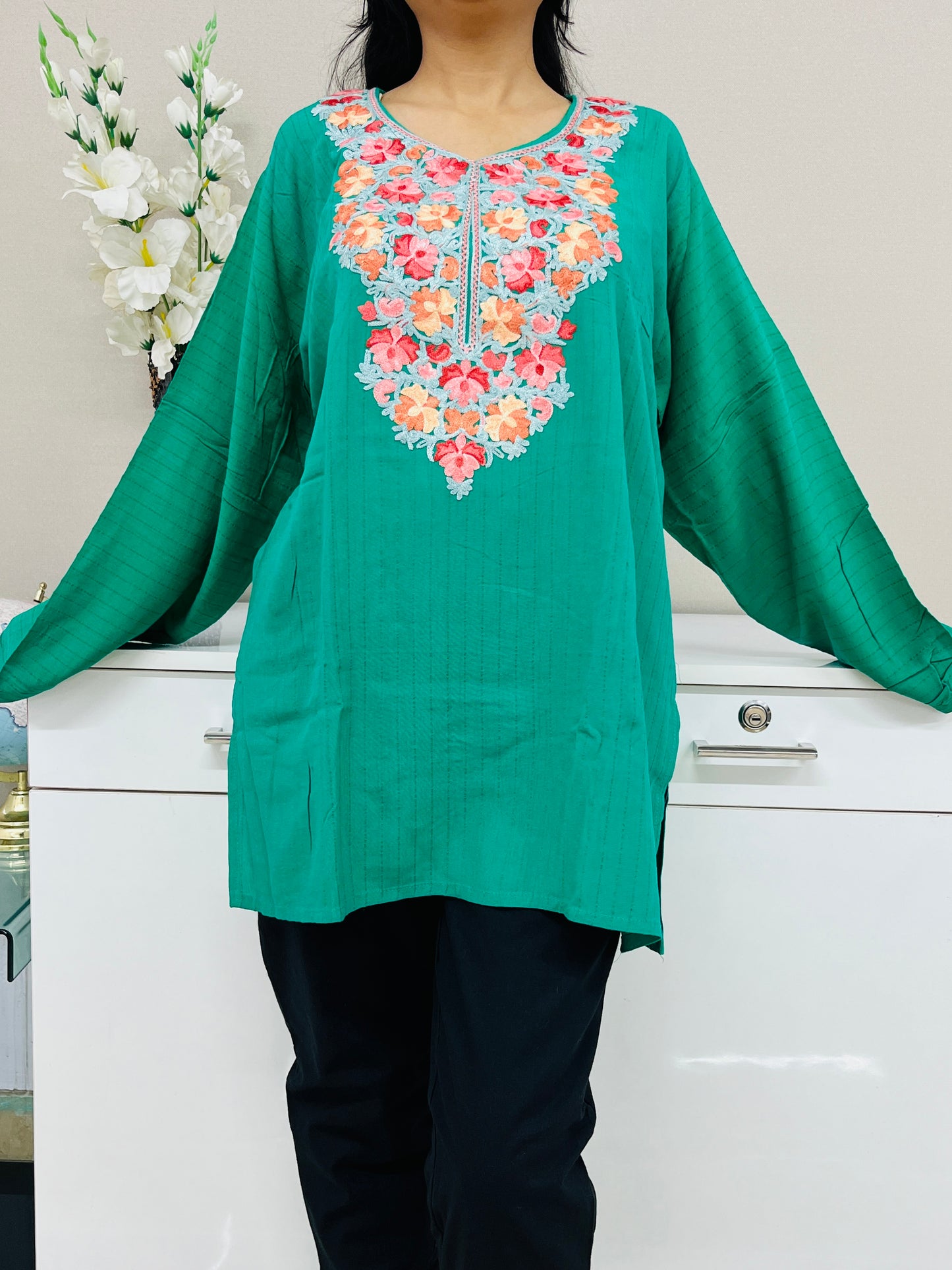 Naariy Bottle Green with Multi-color Embroidered Thread Work Cotton Straight Kurti