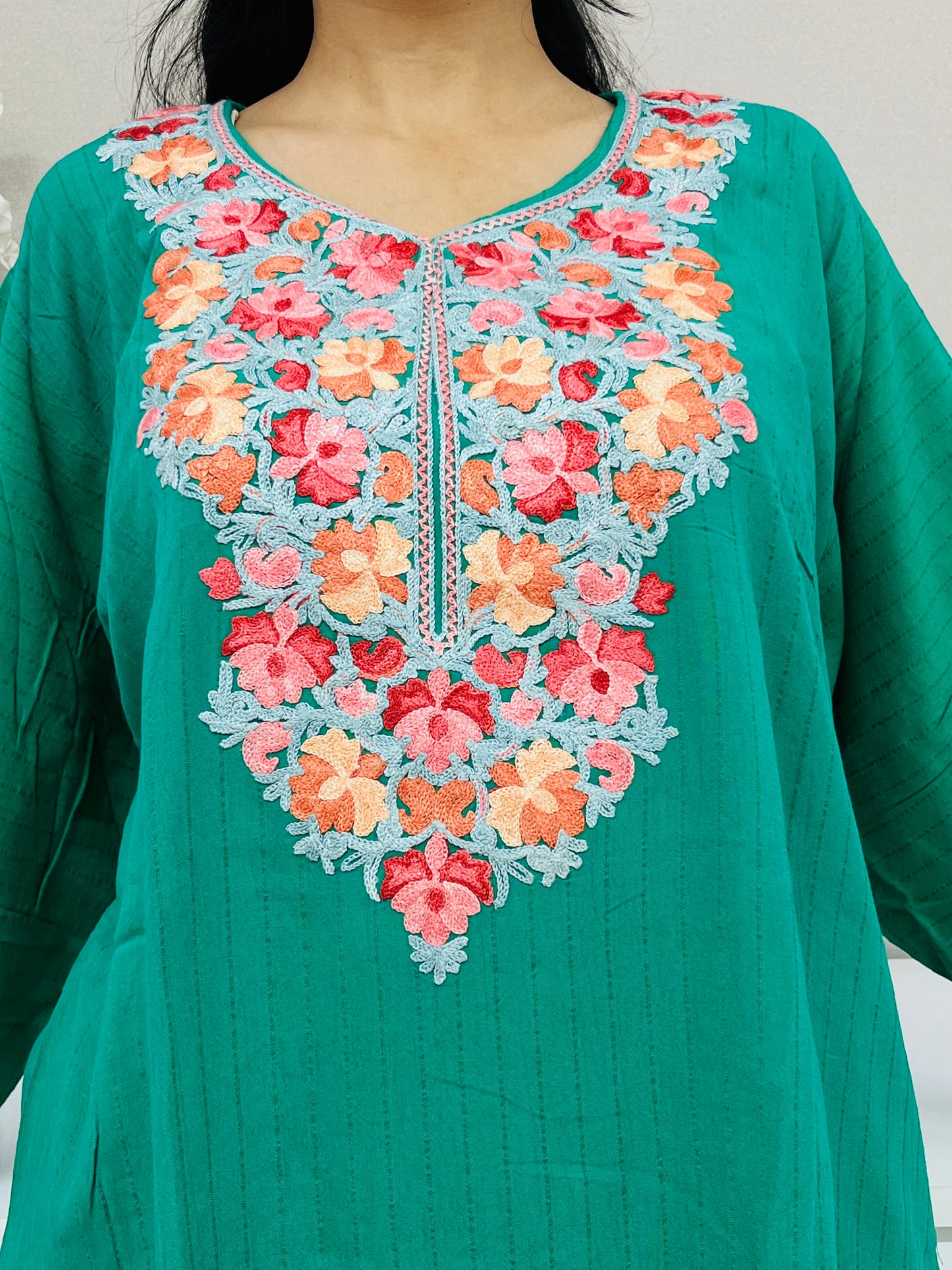 Naariy Bottle Green with Multi-color Embroidered Thread Work Cotton Straight Kurti