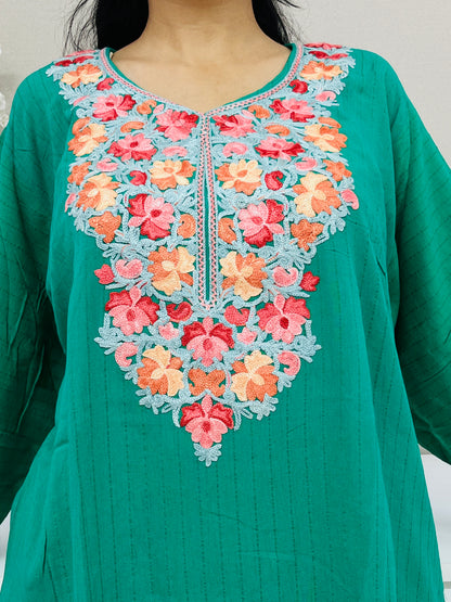 Naariy Bottle Green with Multi-color Embroidered Thread Work Cotton Straight Kurti