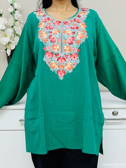 Naariy Bottle Green with Multi-color Embroidered Thread Work Cotton Straight Kurti