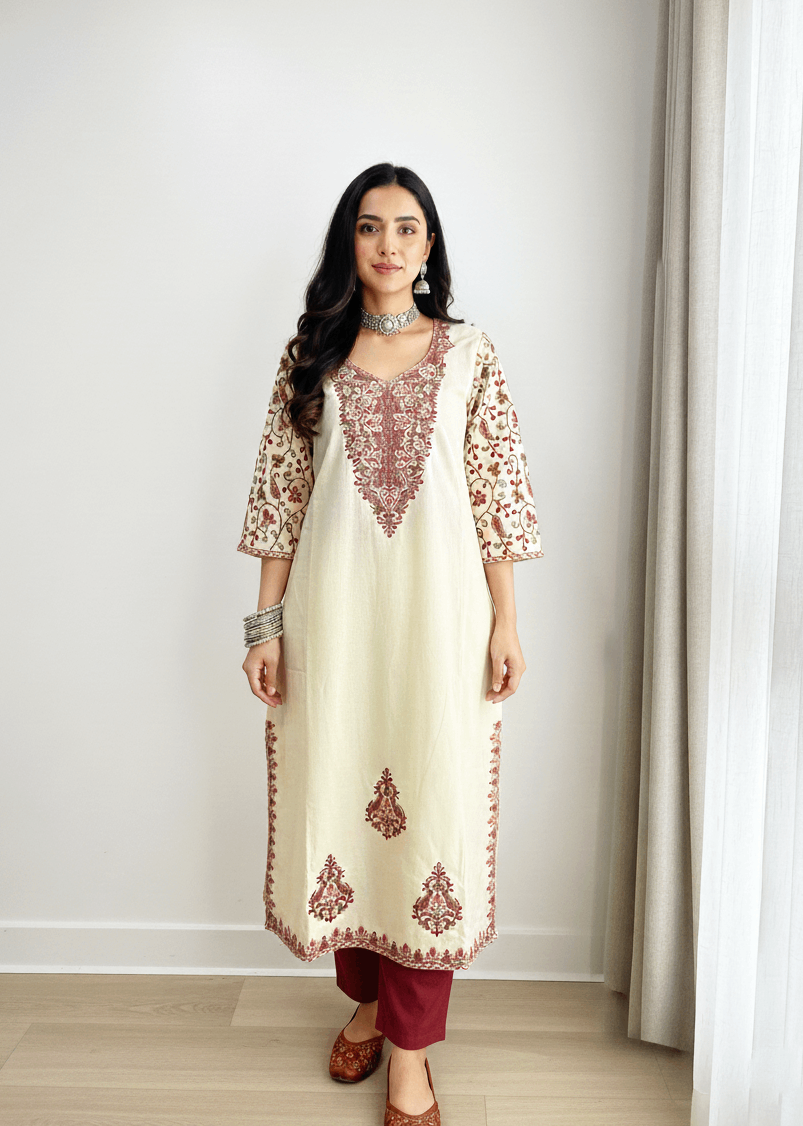 Ivory Aari –Tilla Embroidered Kashmiri Pheran