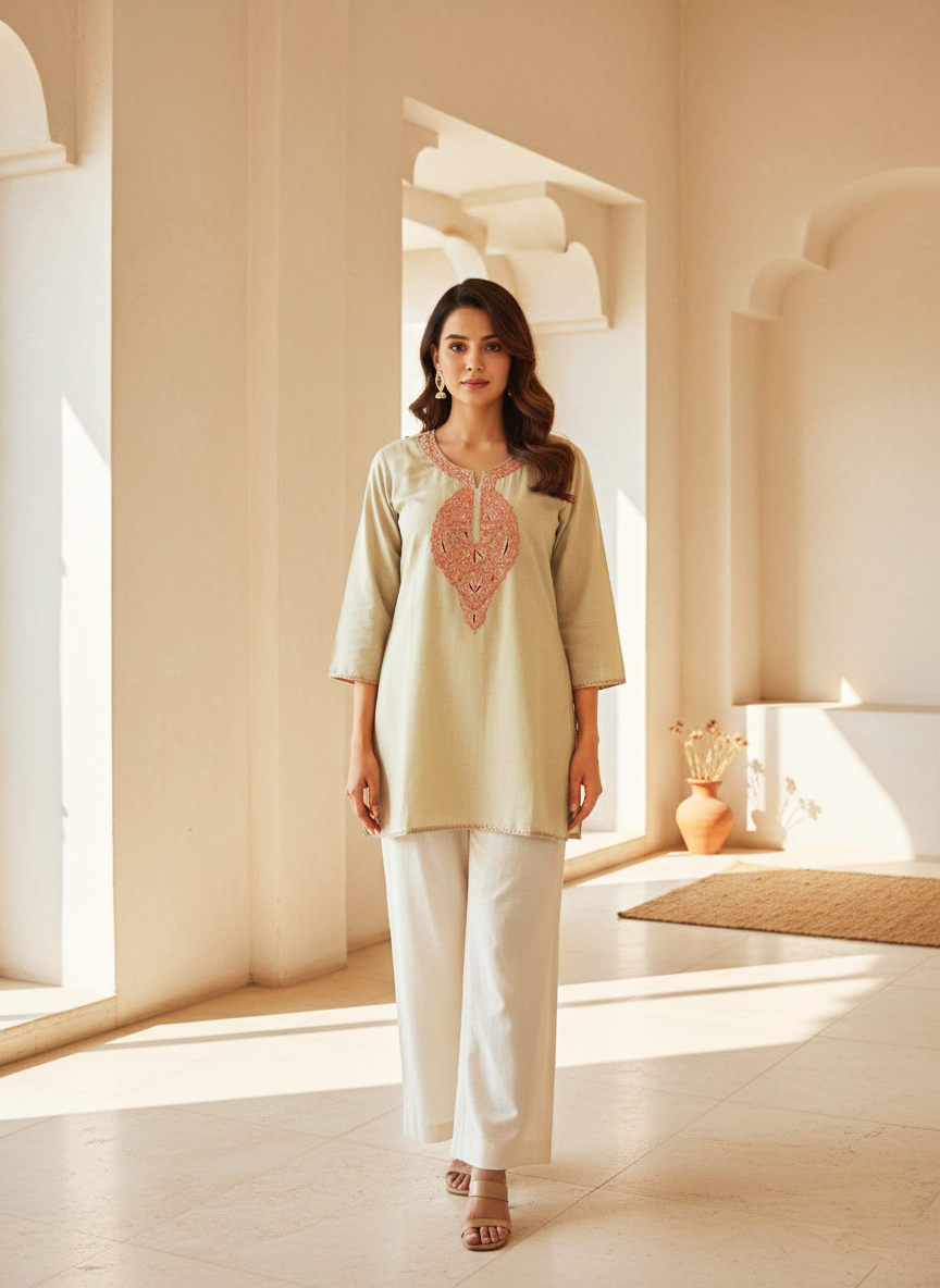 Ivory Beige Tilla Embroidered Cotton Short Kurti