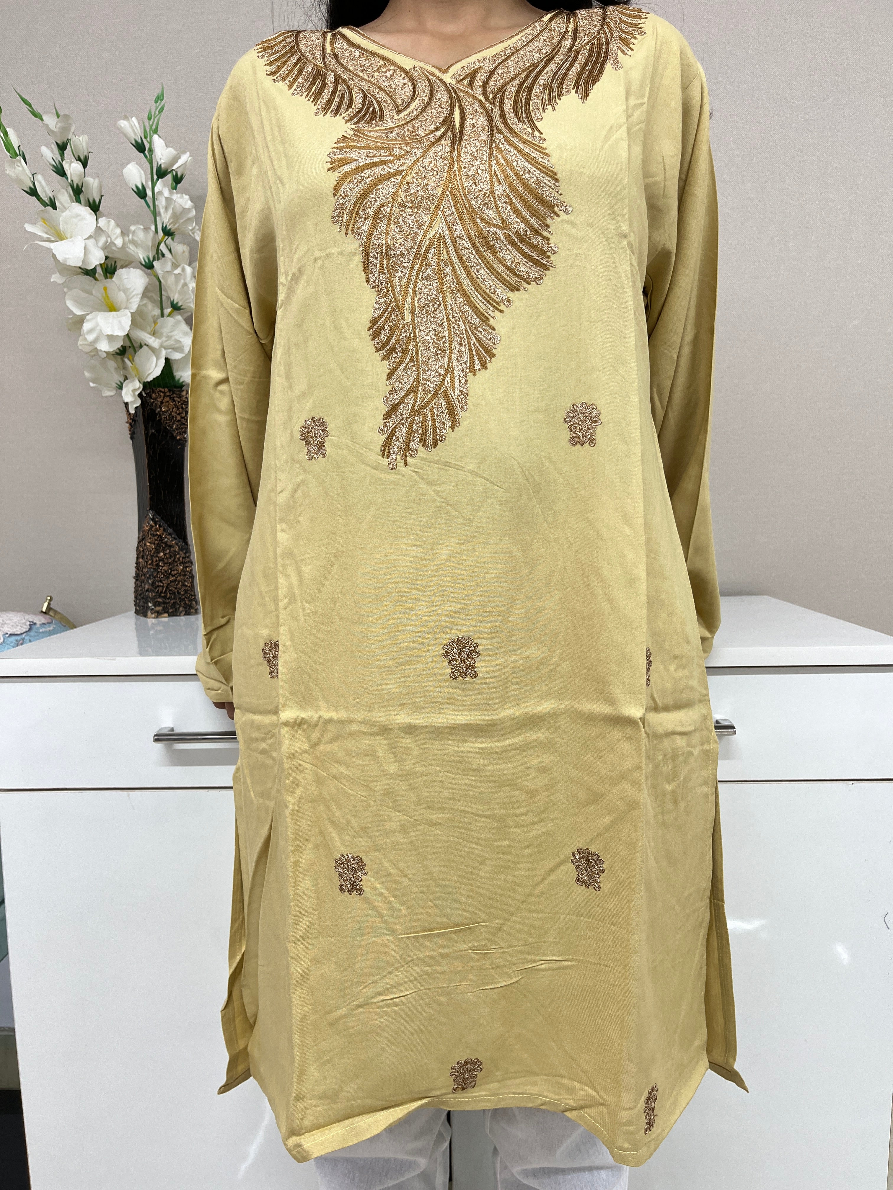  Light Brown Embroidered Rayon Straight Kurti For Women