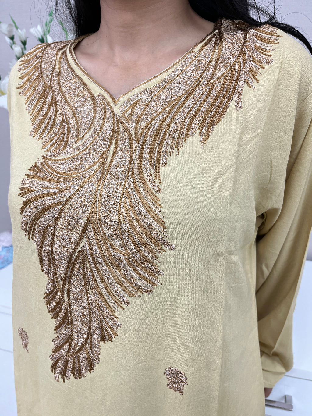  Light Brown Thread Work Rayon Straight Kurti For Women