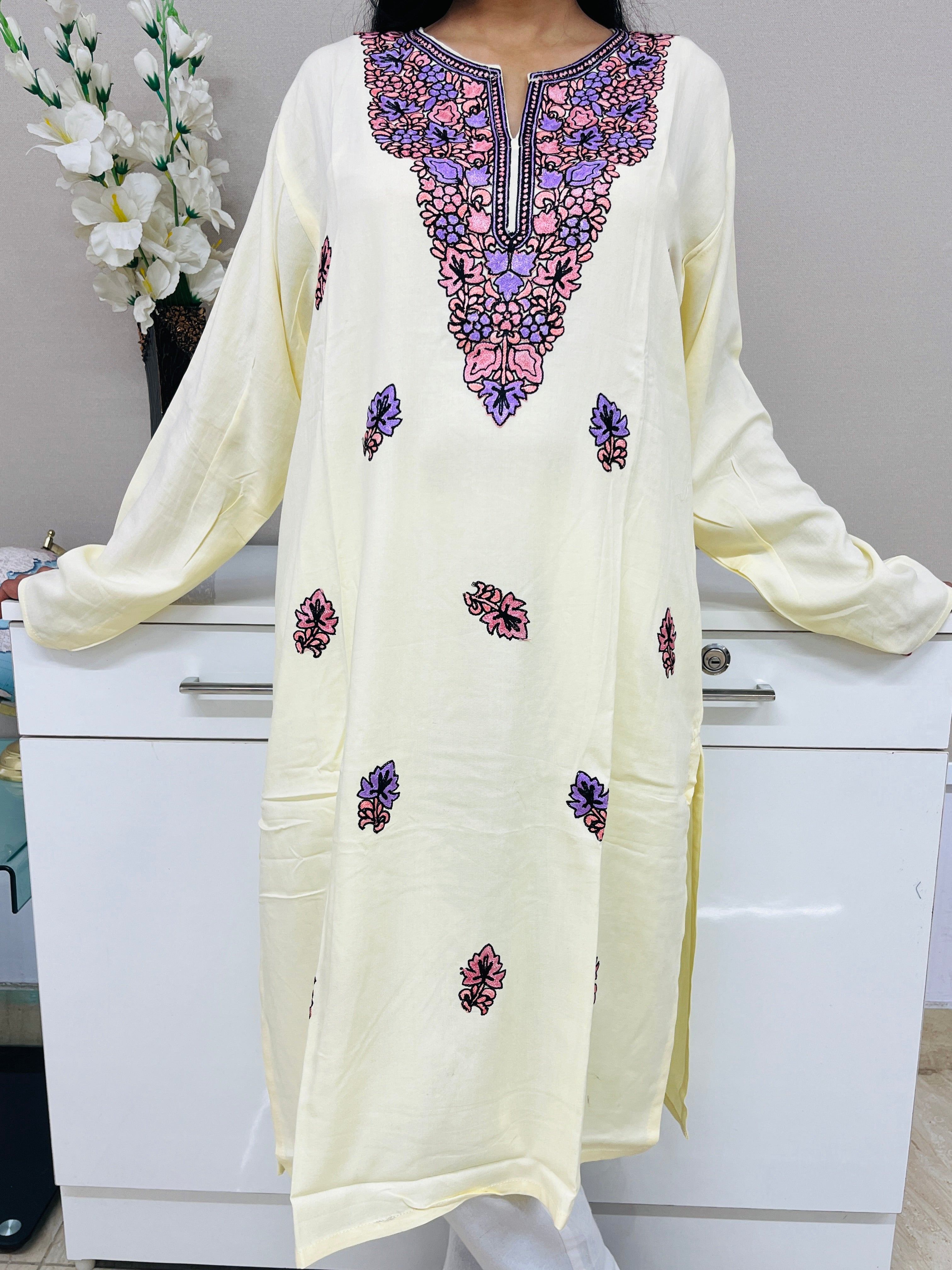 Light Yellow Embroidered Thread Work Rayon Straight Kurti Fo Women