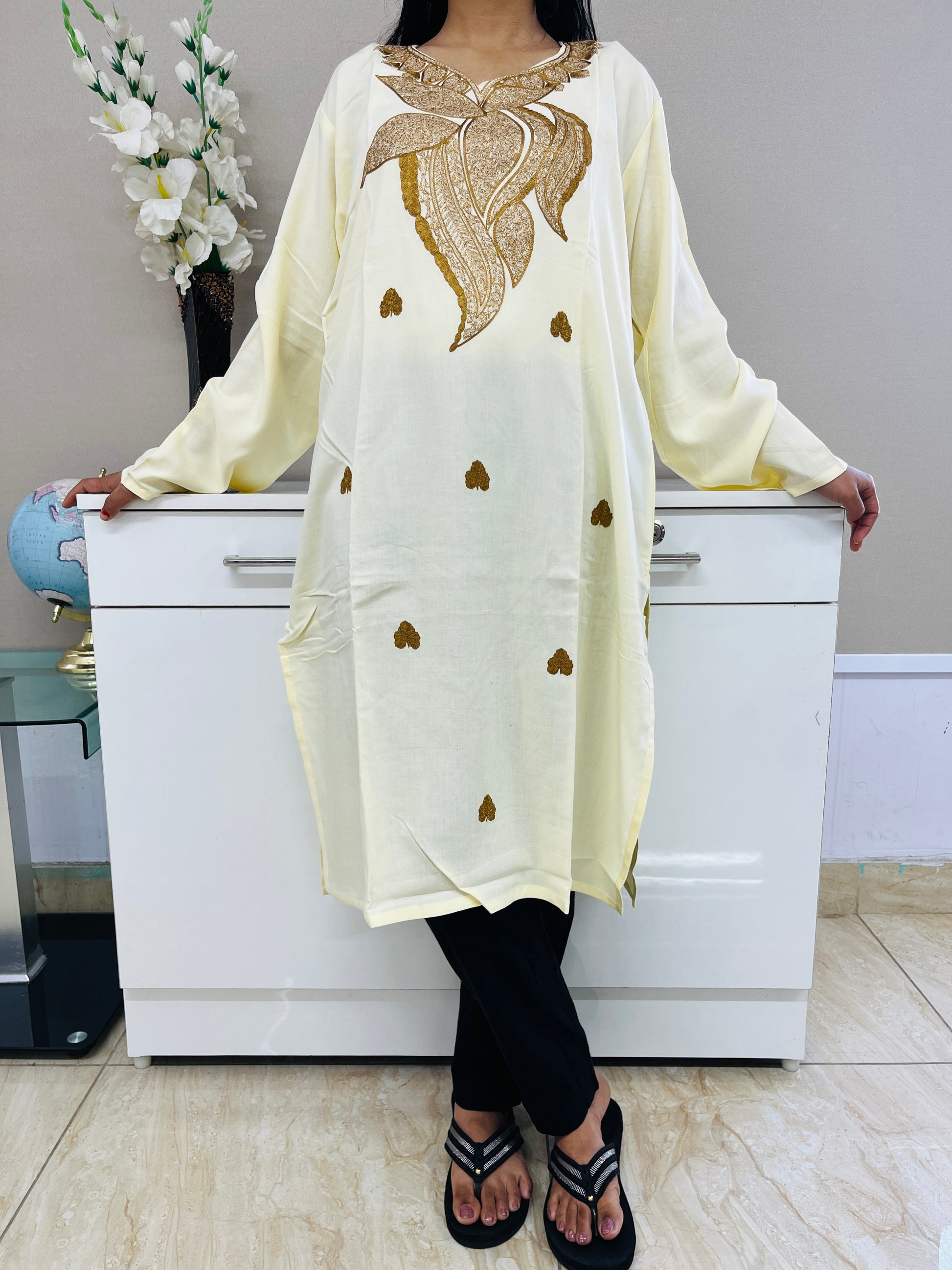  Light Yellow Golden Embroidered Thread Work Rayon Straight Kurti For Women