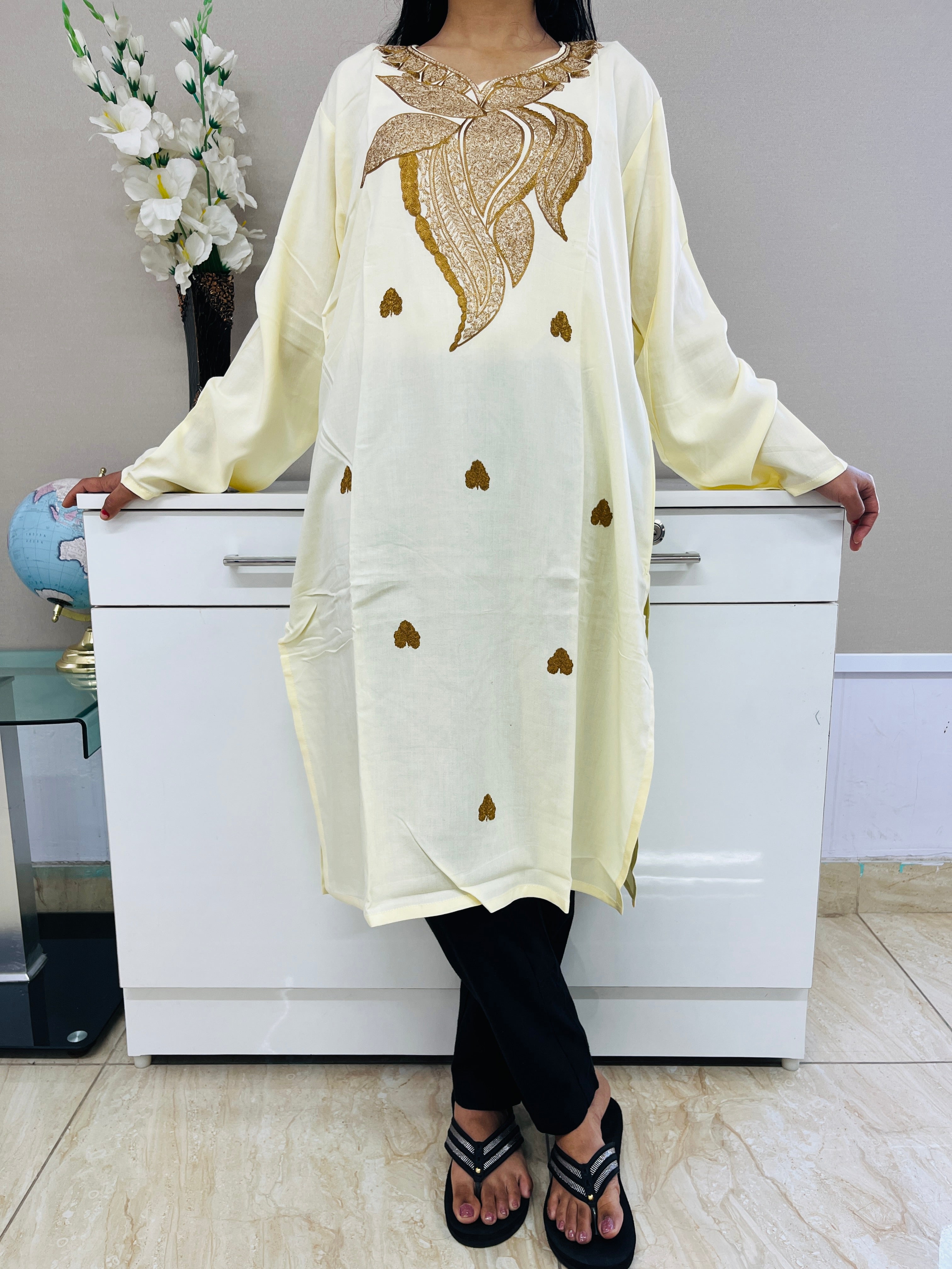  Light Yellow Golden Embroidered Thread Work Rayon Straight Kurti For Women