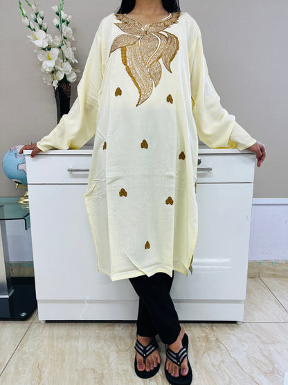  Light Yellow Golden Embroidered Thread Work Rayon Straight Kurti For Women