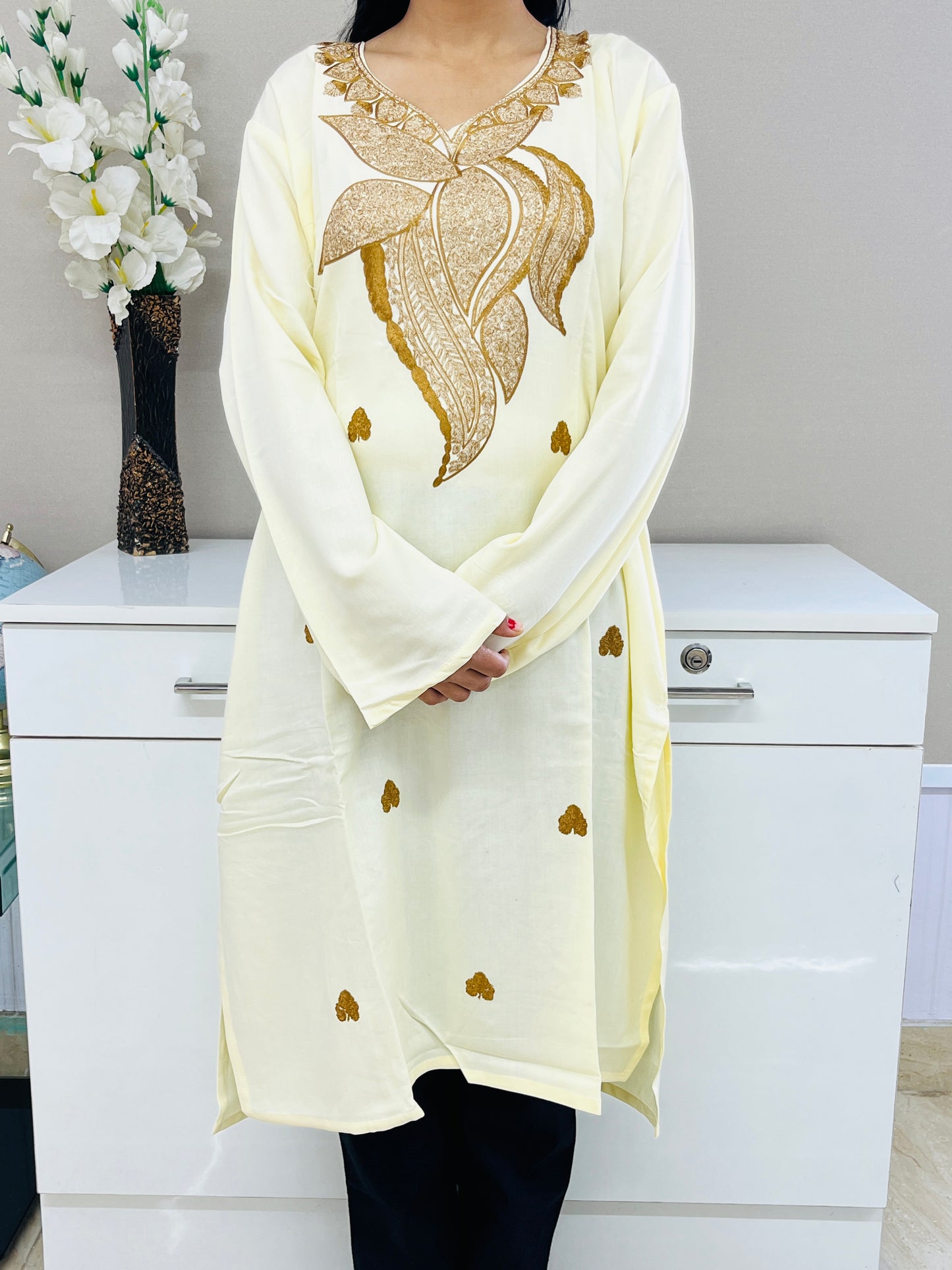  Light Yellow Golden Rayon Straight Kurti For Women