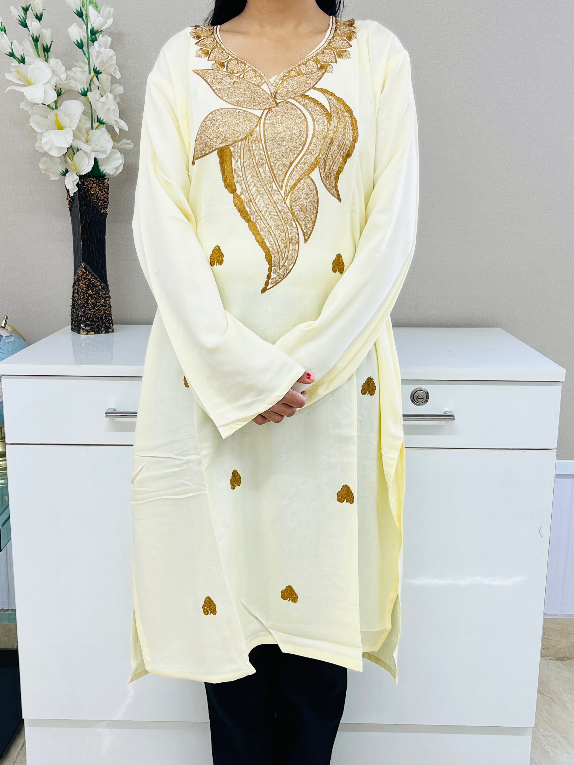  Light Yellow Golden Rayon Straight Kurti For Women