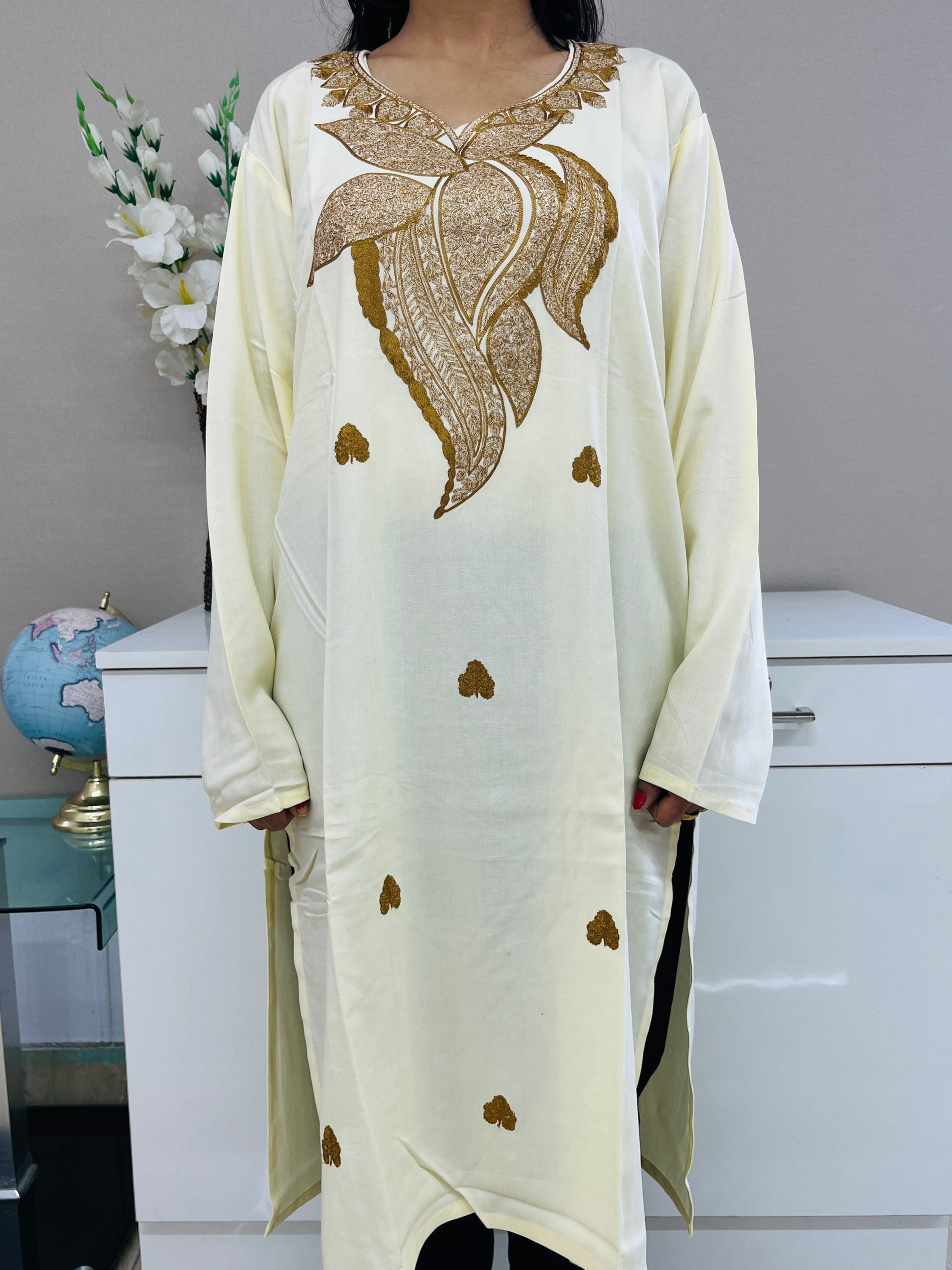  Light Yellow Golden Thread Work Rayon Straight Kurti For Women