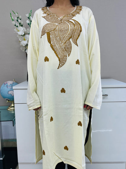  Light Yellow Golden Thread Work Rayon Straight Kurti For Women