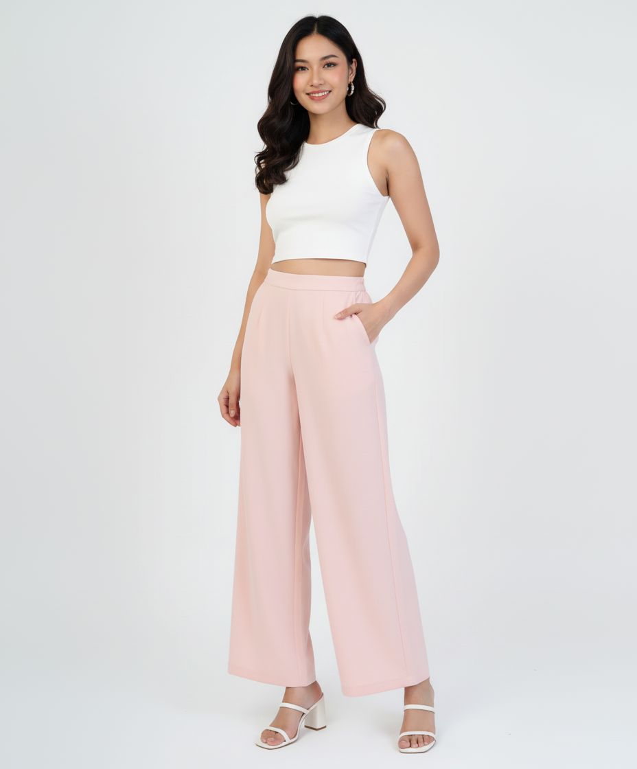 Light Pink Women Wide Leg Cotton Pant
