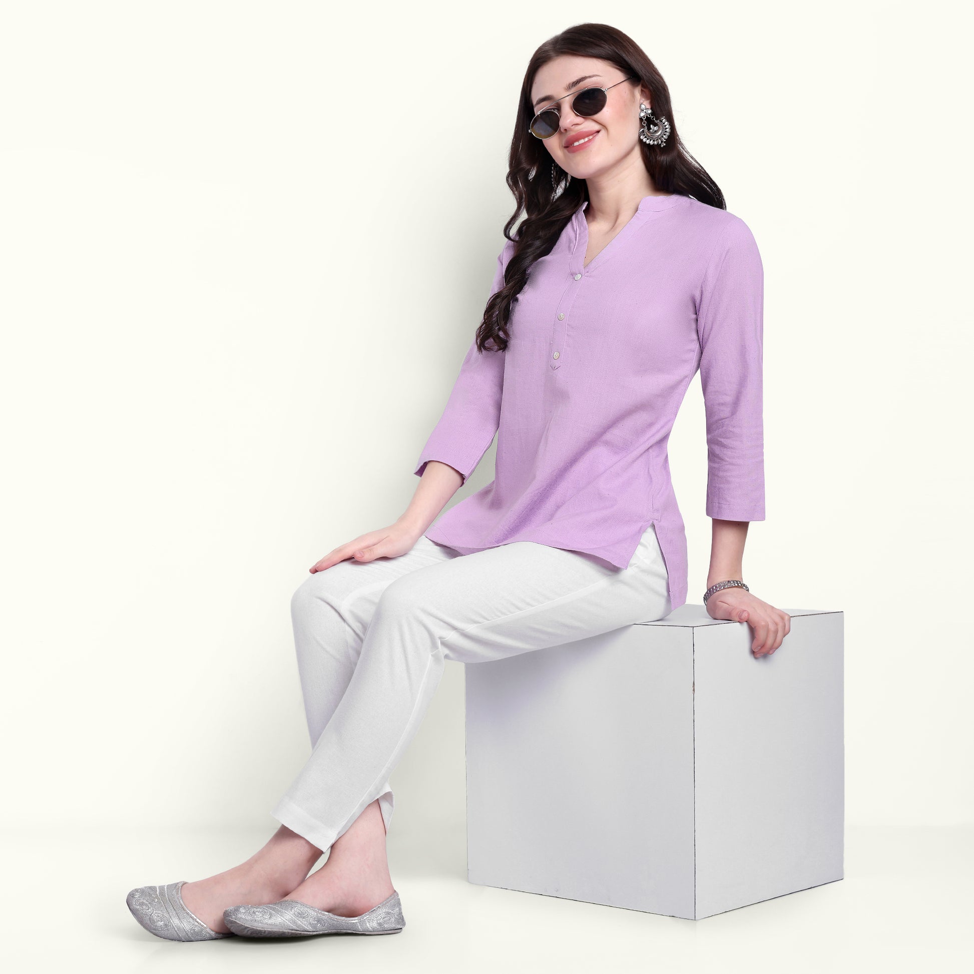 Lilac Airy Linen Short Kurti Stylish Look For Women