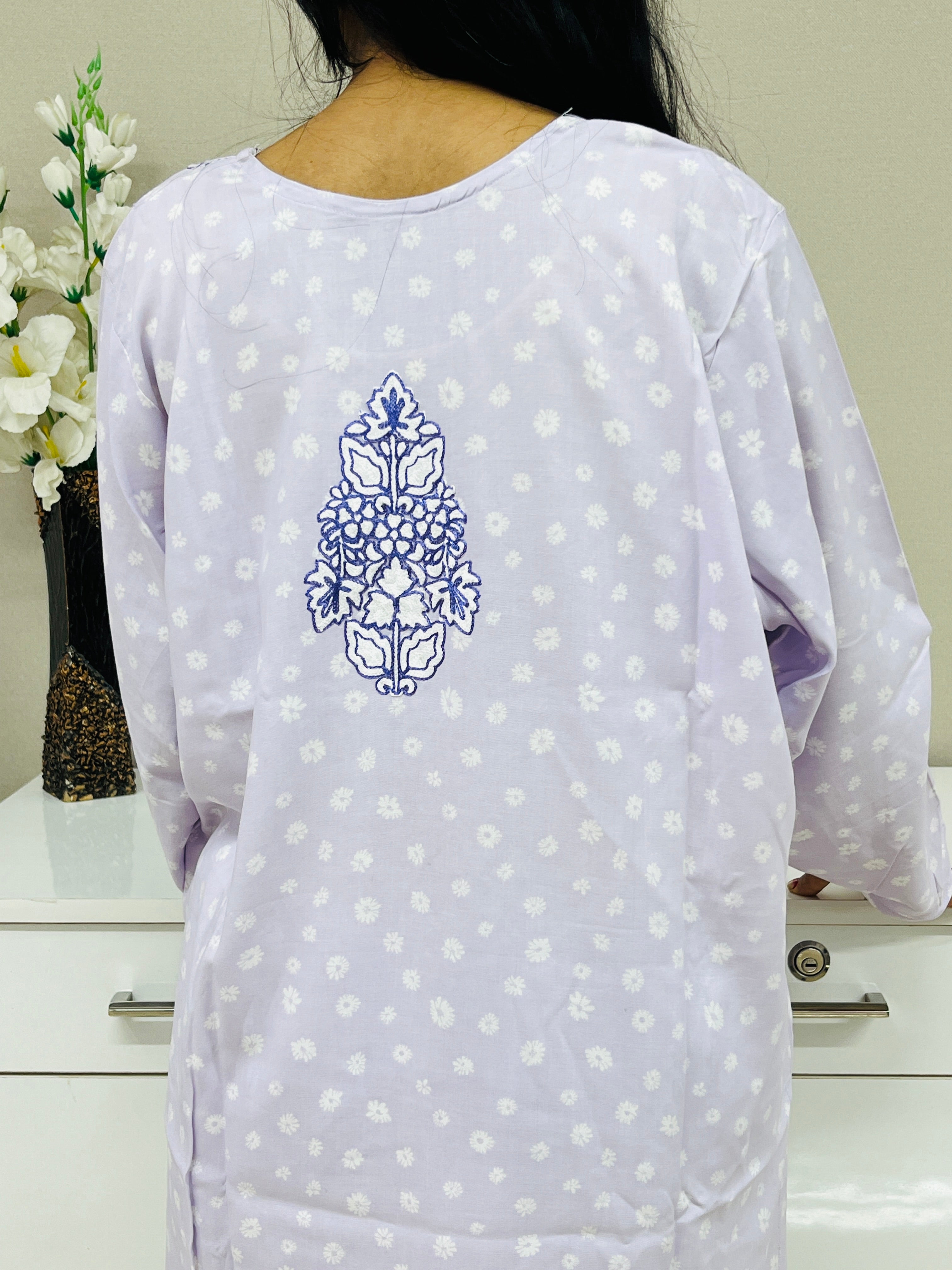 Lilac Thread Work Rayon Straight Kurti For Women