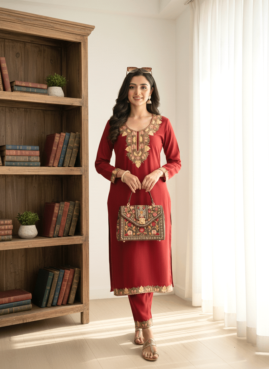 Maroon Aari Embroidered Kashmiri Coord Set