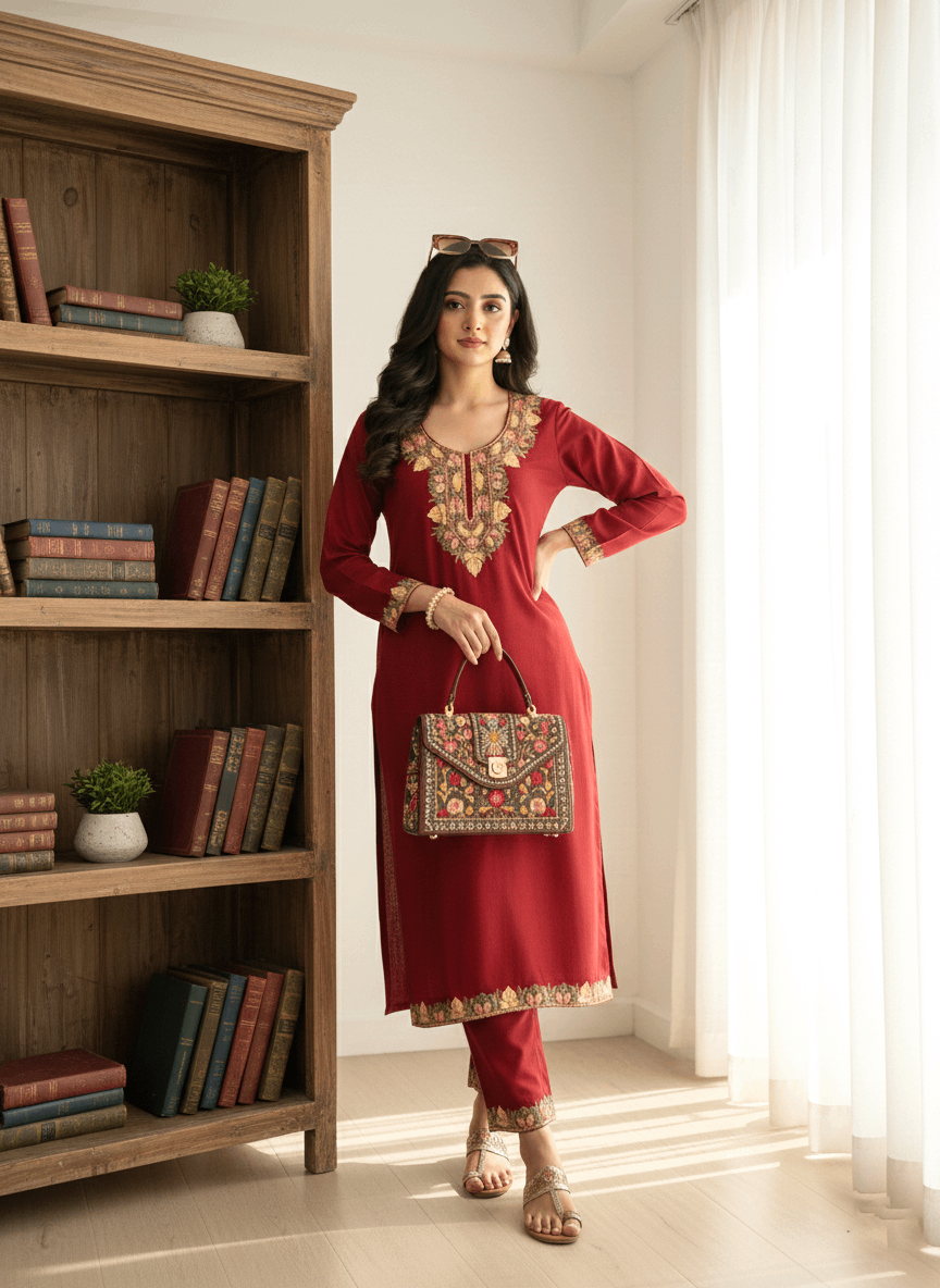 Maroon Aari Embroidered Kashmiri Coord Set