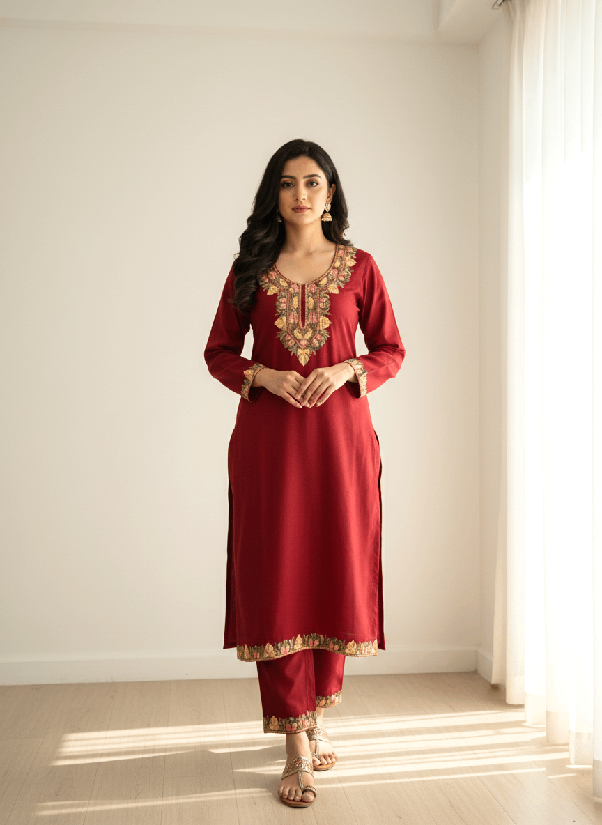 Maroon Aari Embroidered Kashmiri Coord Set