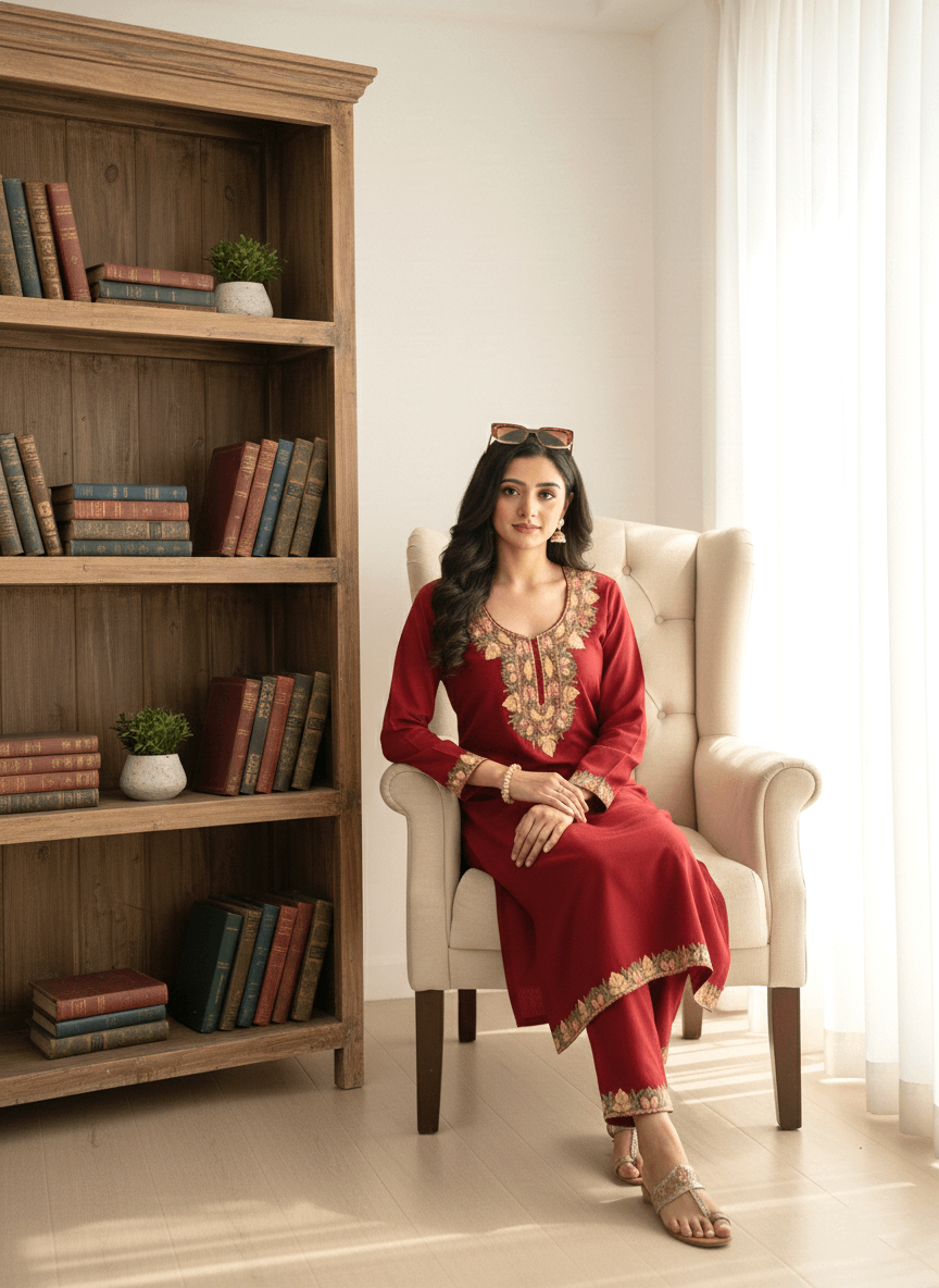 Maroon Aari Embroidered Kashmiri Coord Set