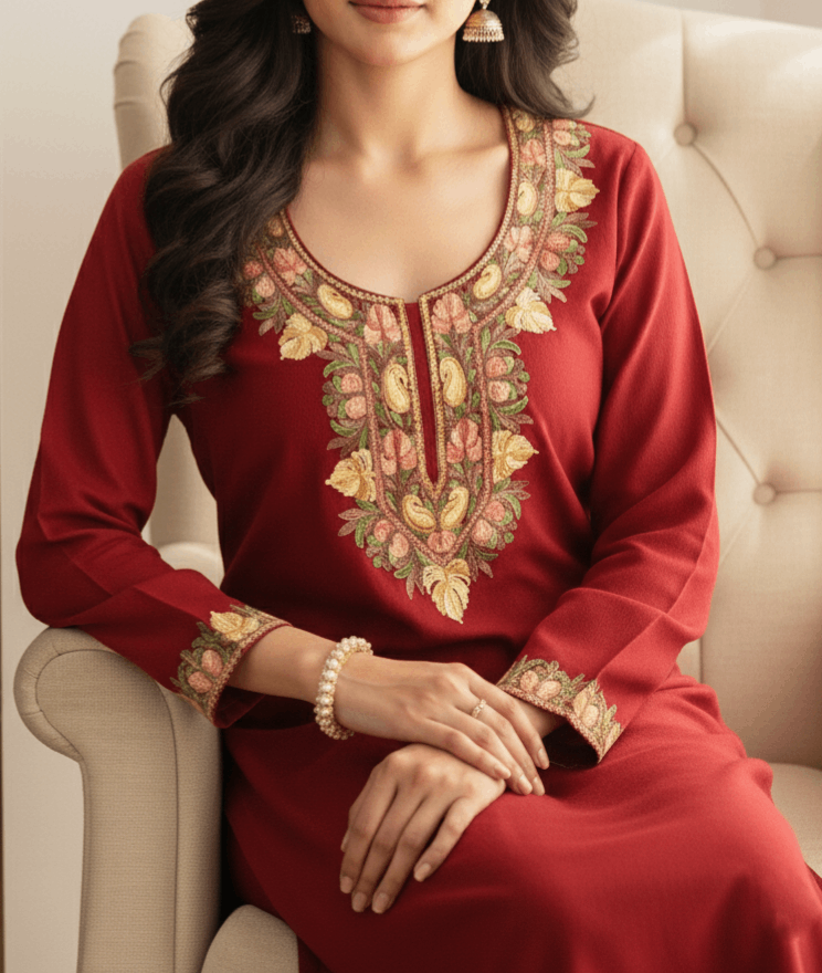 Maroon Aari Embroidered Kashmiri Coord Set