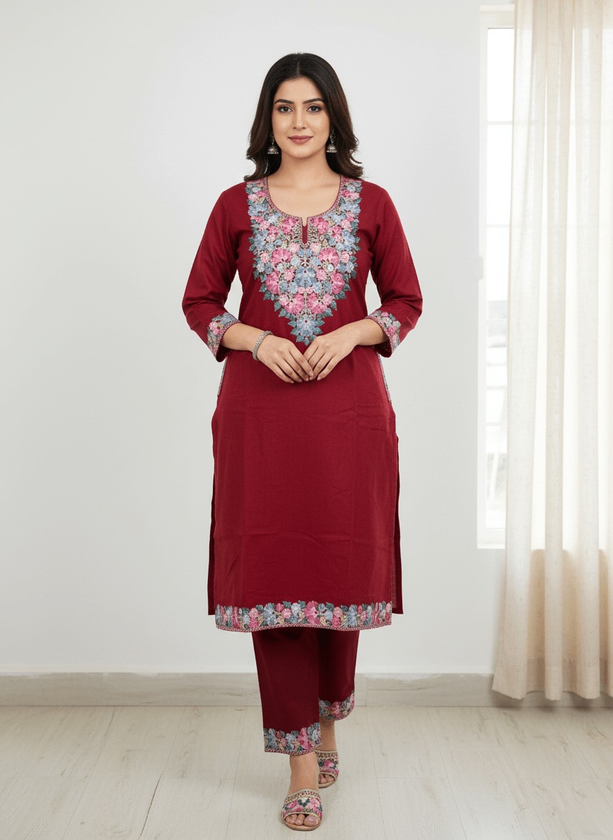 Maroon Blossom Aari Kashmiri Coord Set