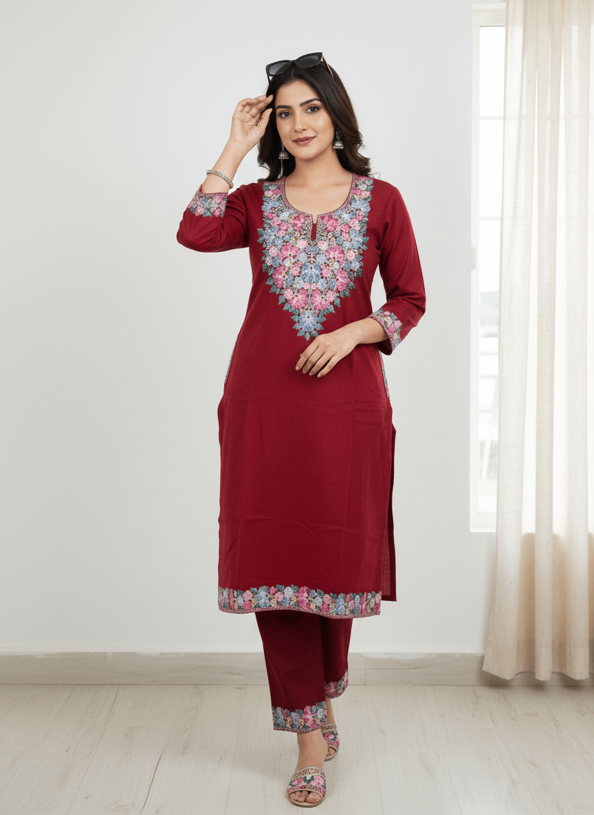 Maroon Blossom Aari Kashmiri Coord Set