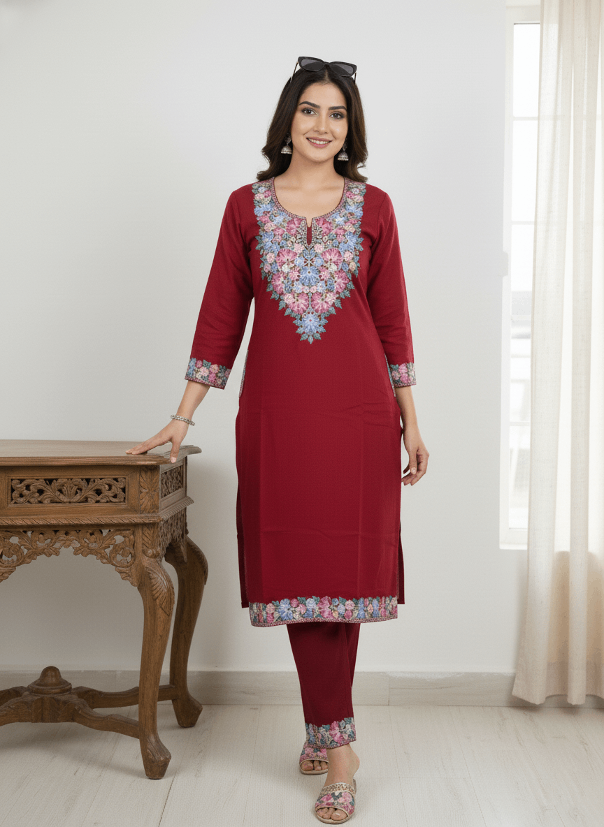 Maroon Blossom Aari Kashmiri Coord Set