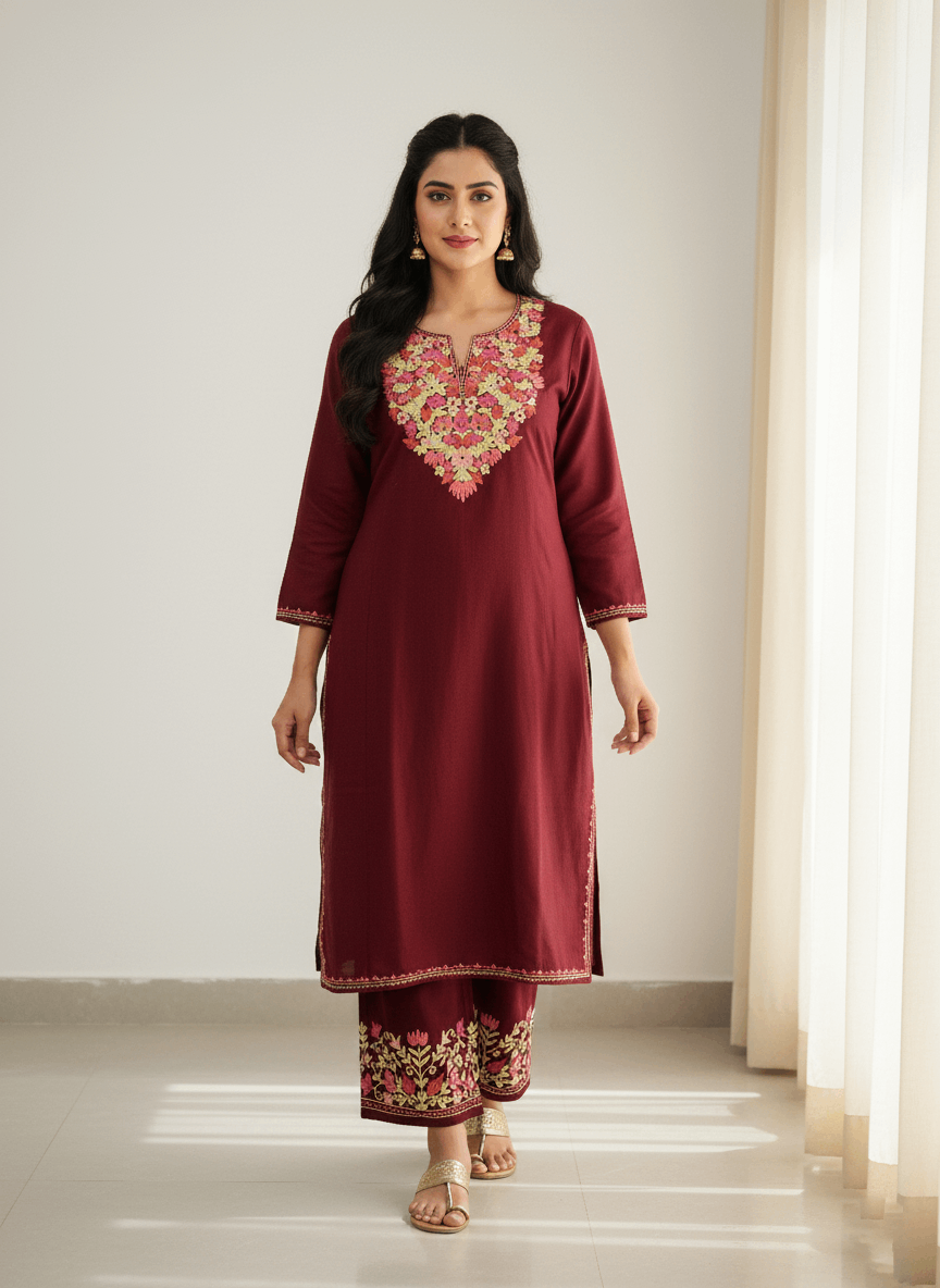 Maroon Floral Aari Embroidered Kashmiri Co-ord set