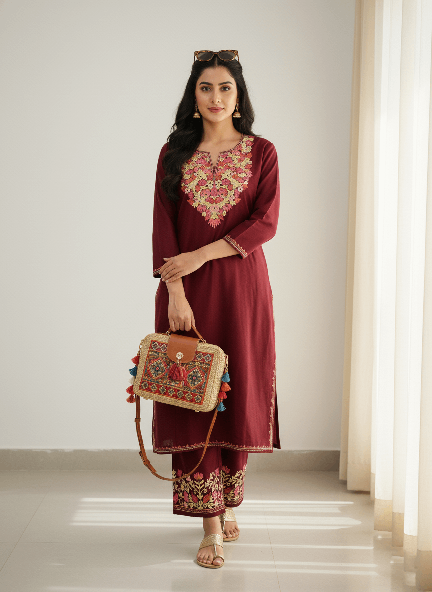 Maroon Floral Aari Embroidered Kashmiri Co-ord set