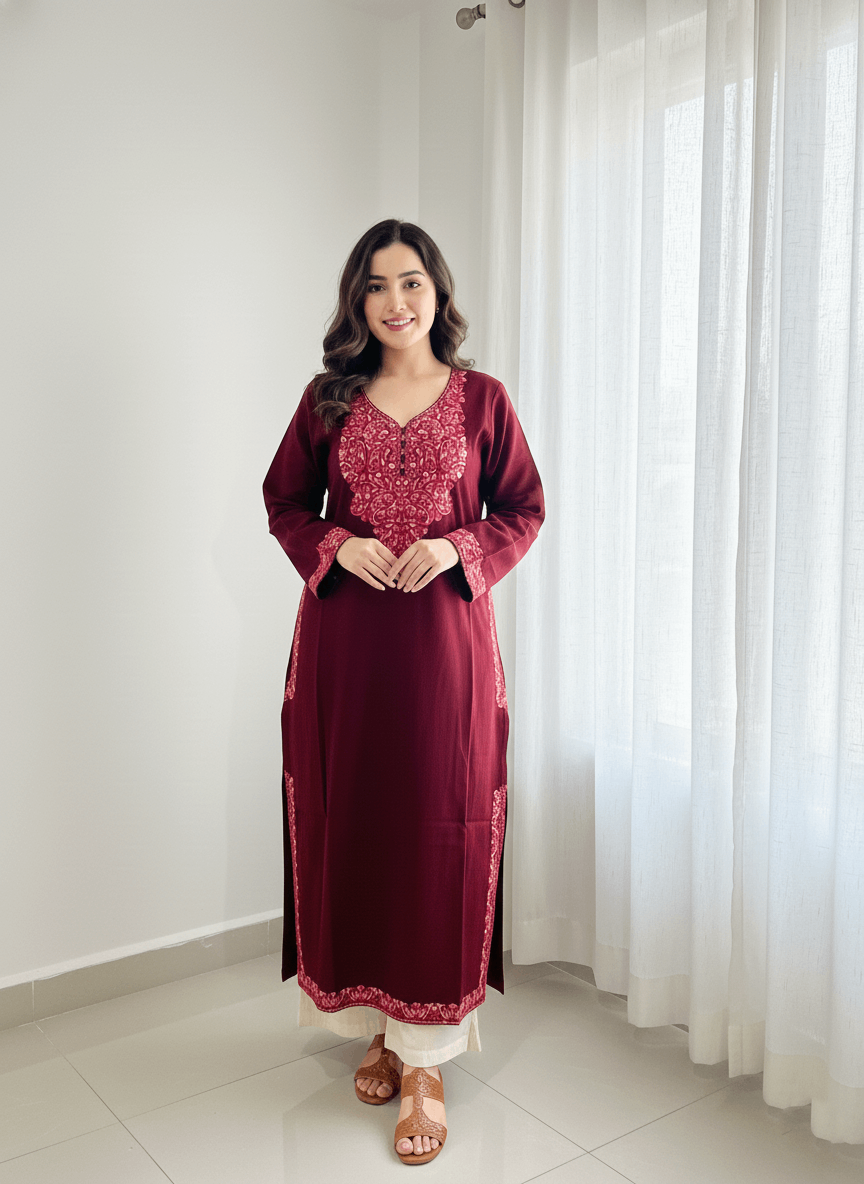 Maroon Floral Aari Embroidered Kashmiri Pheran