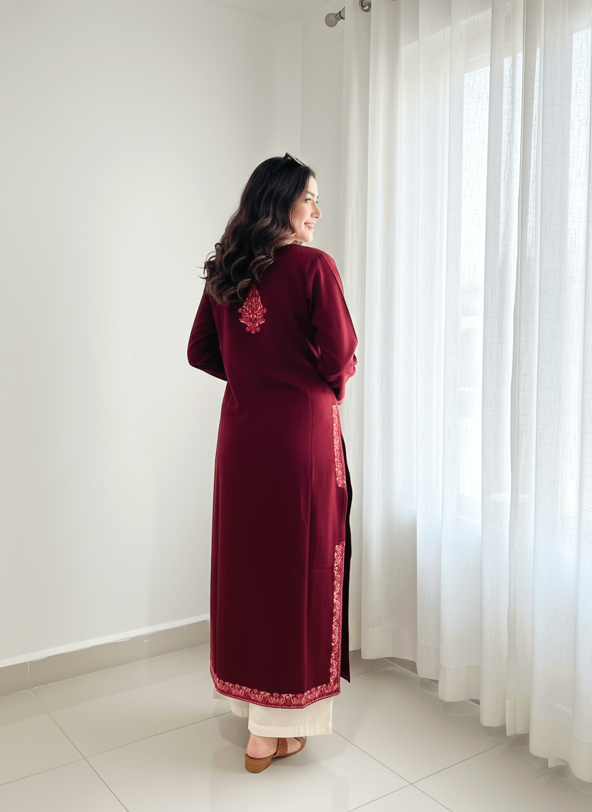 Maroon Floral Aari Embroidered Kashmiri Pheran