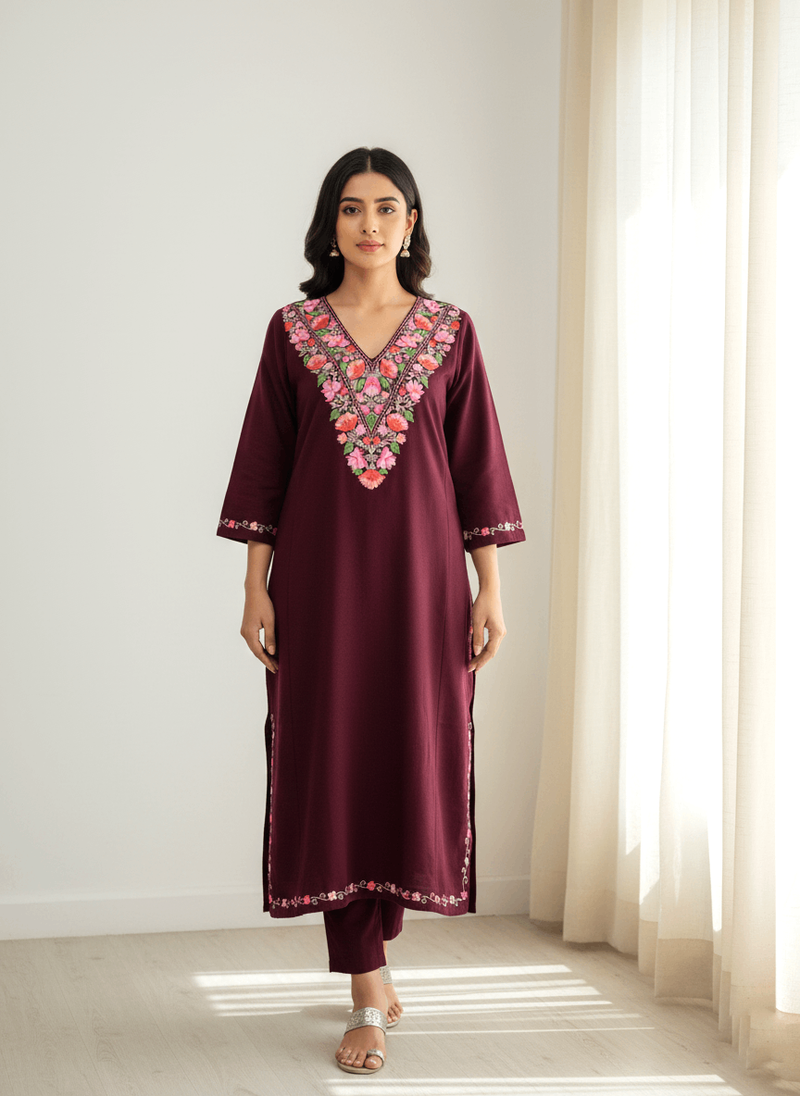 Maroon Floral Aari Embroidered Kashmiri Pheran