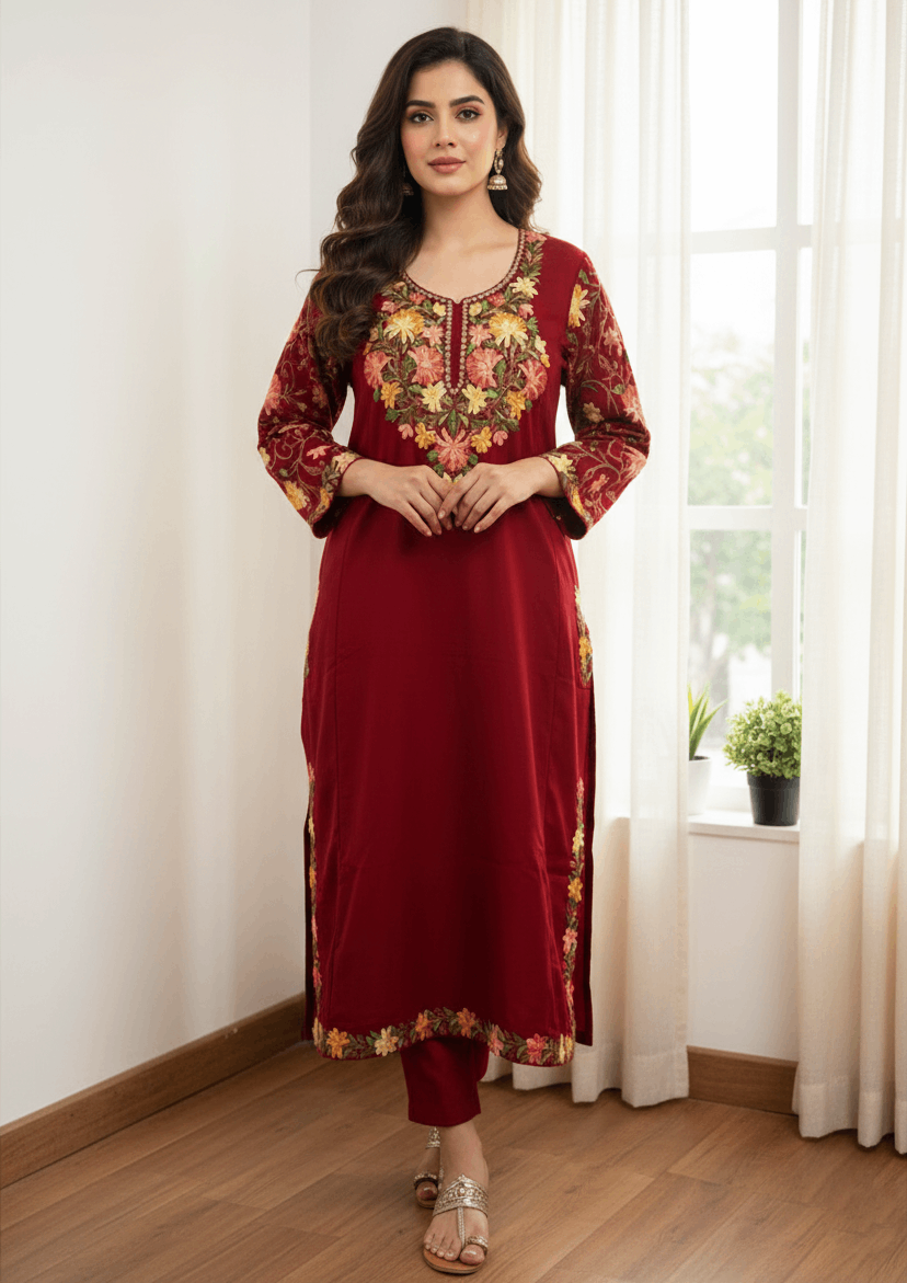 Maroon Floral Aari–Tilla Embroidered Kashmiri Pheran
