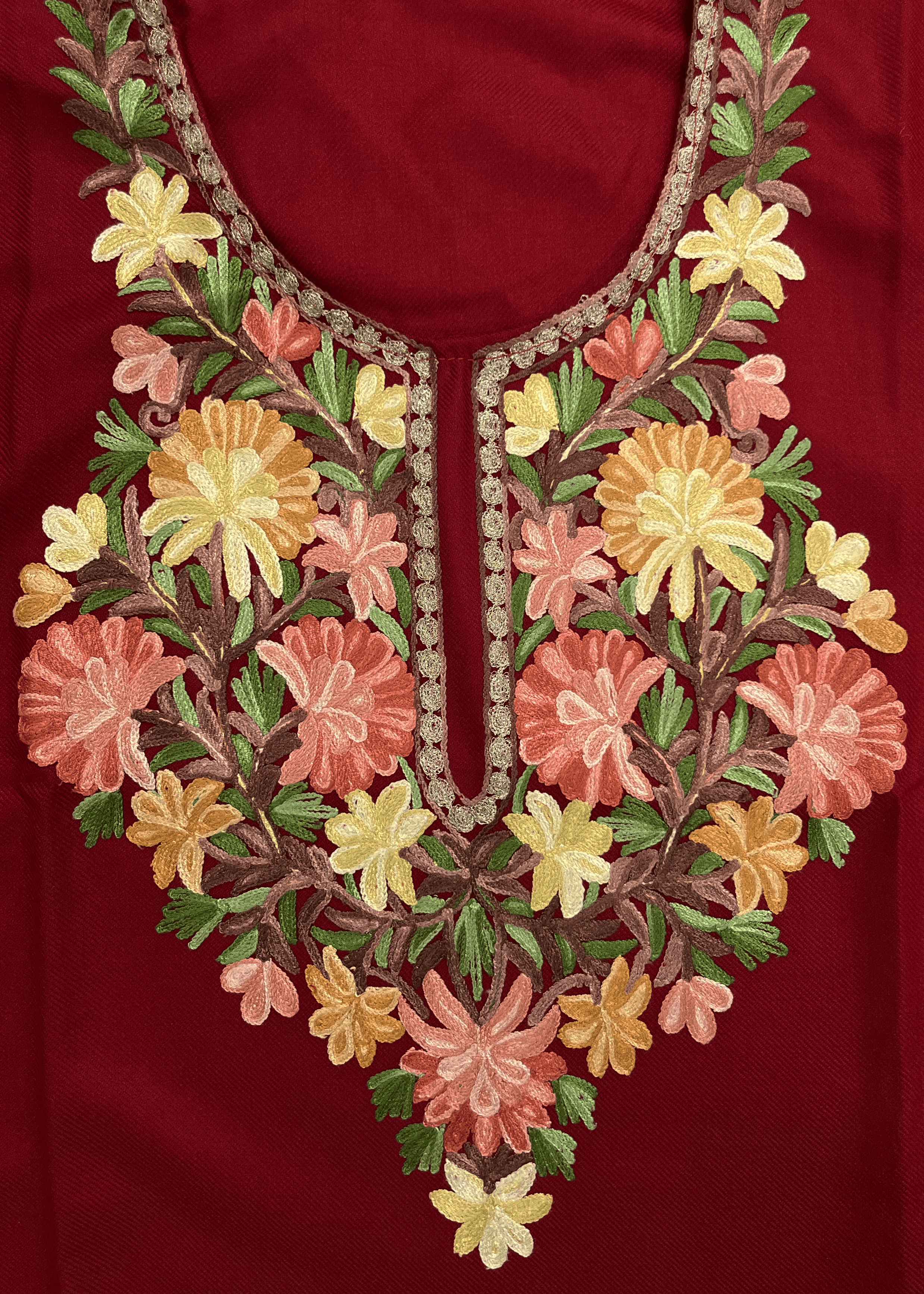 Maroon Floral Aari–Tilla Embroidered Kashmiri Pheran