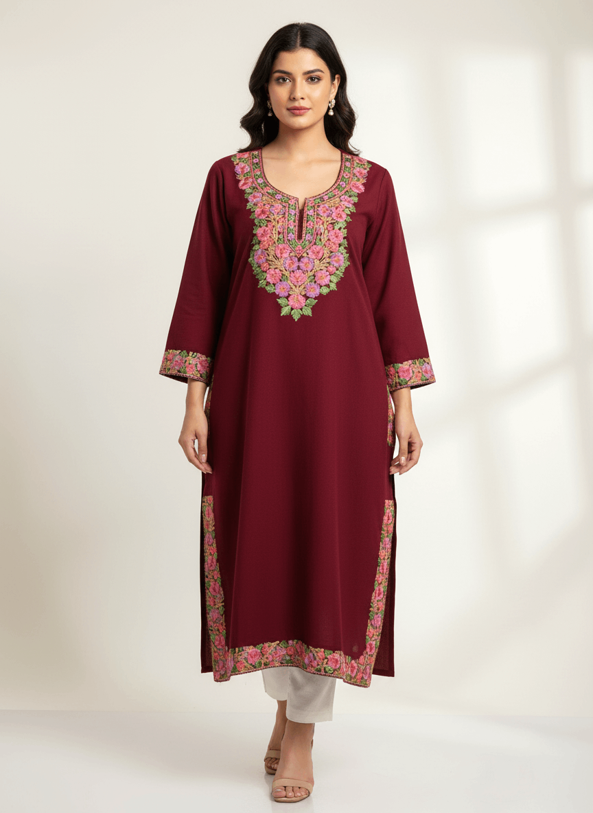 Maroon Floral Embroidered Kashmiri Pheran