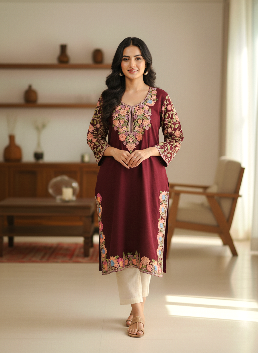 Maroon Kashmiri Embroidered Pheran