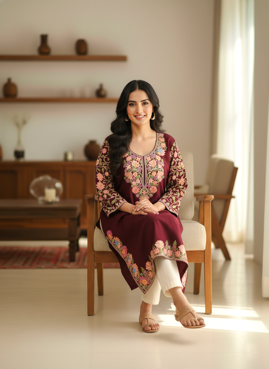 Maroon Kashmiri Embroidered Pheran