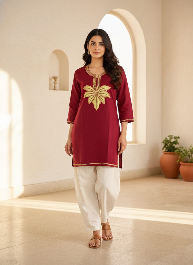 Maroon Tilla Embroidered Cotton Short Kurti