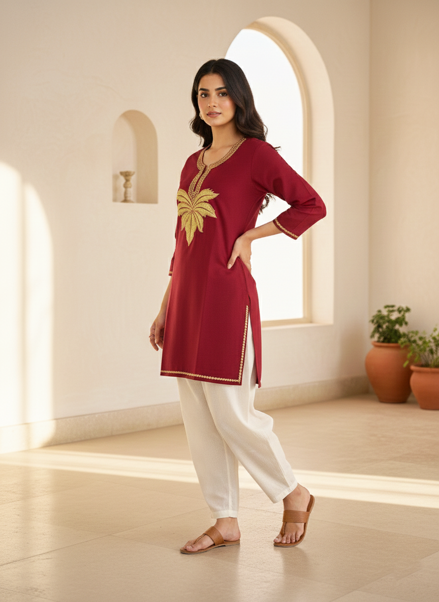 Maroon Tilla Embroidered Cotton Short Kurti