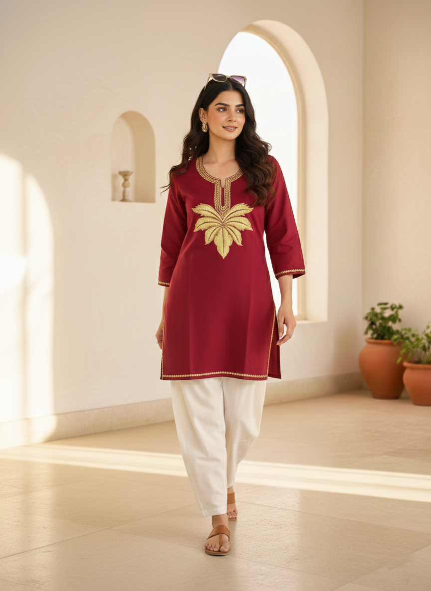 Maroon Tilla Embroidered Cotton Short Kurti