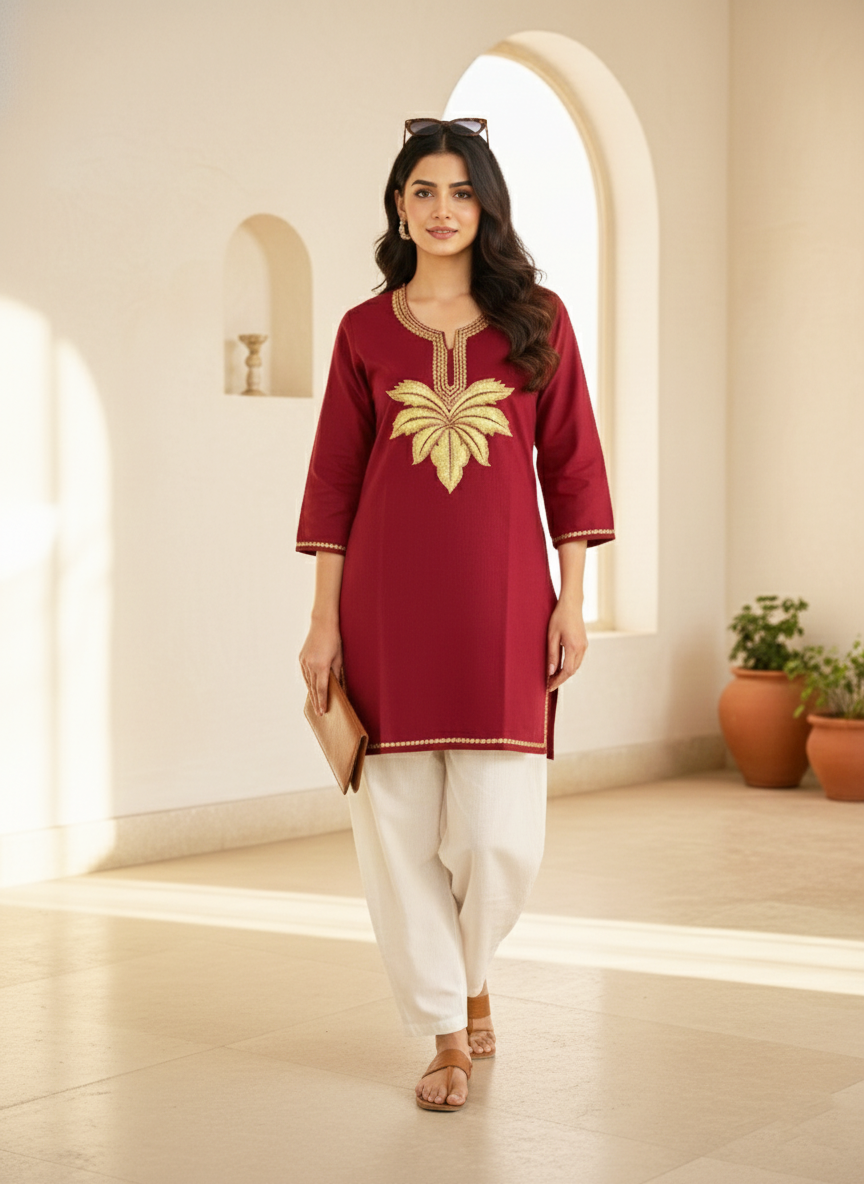 Maroon Tilla Embroidered Cotton Short Kurti