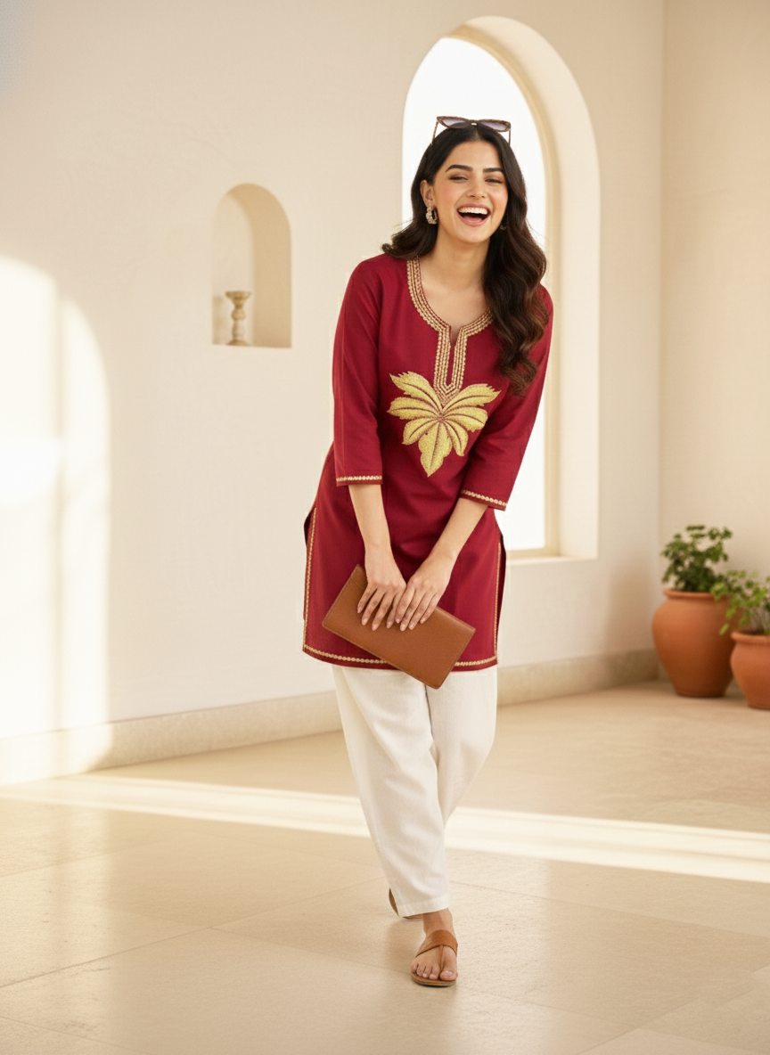 Maroon Tilla Embroidered Cotton Short Kurti