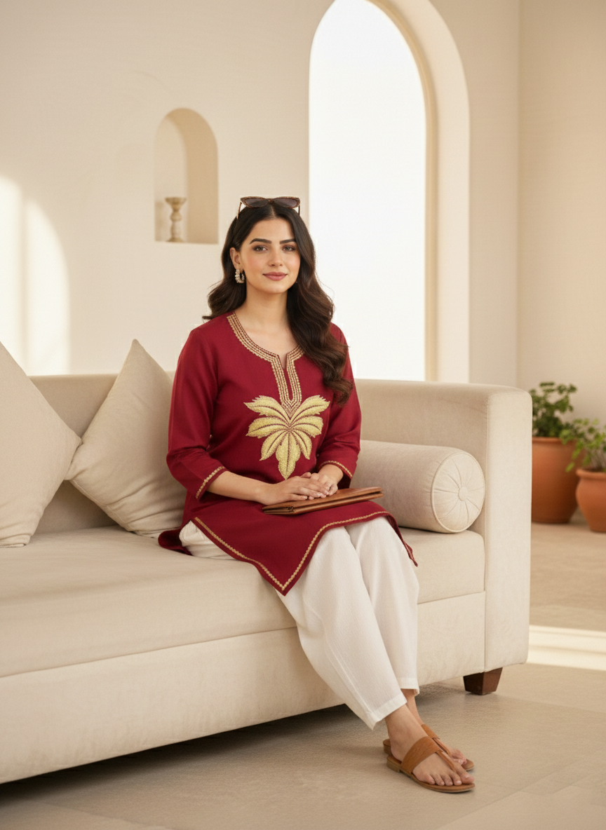 Maroon Tilla Embroidered Cotton Short Kurti