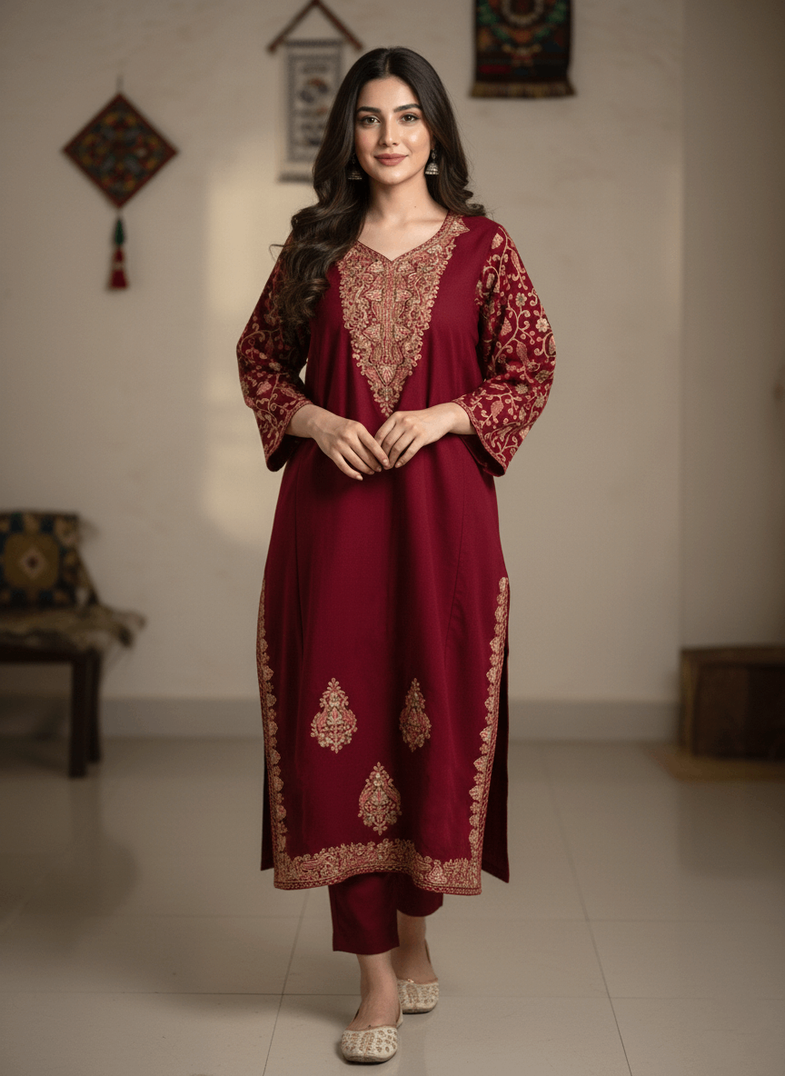 Maroon Aari–Tilla Embroidered Kashmiri Pheran
