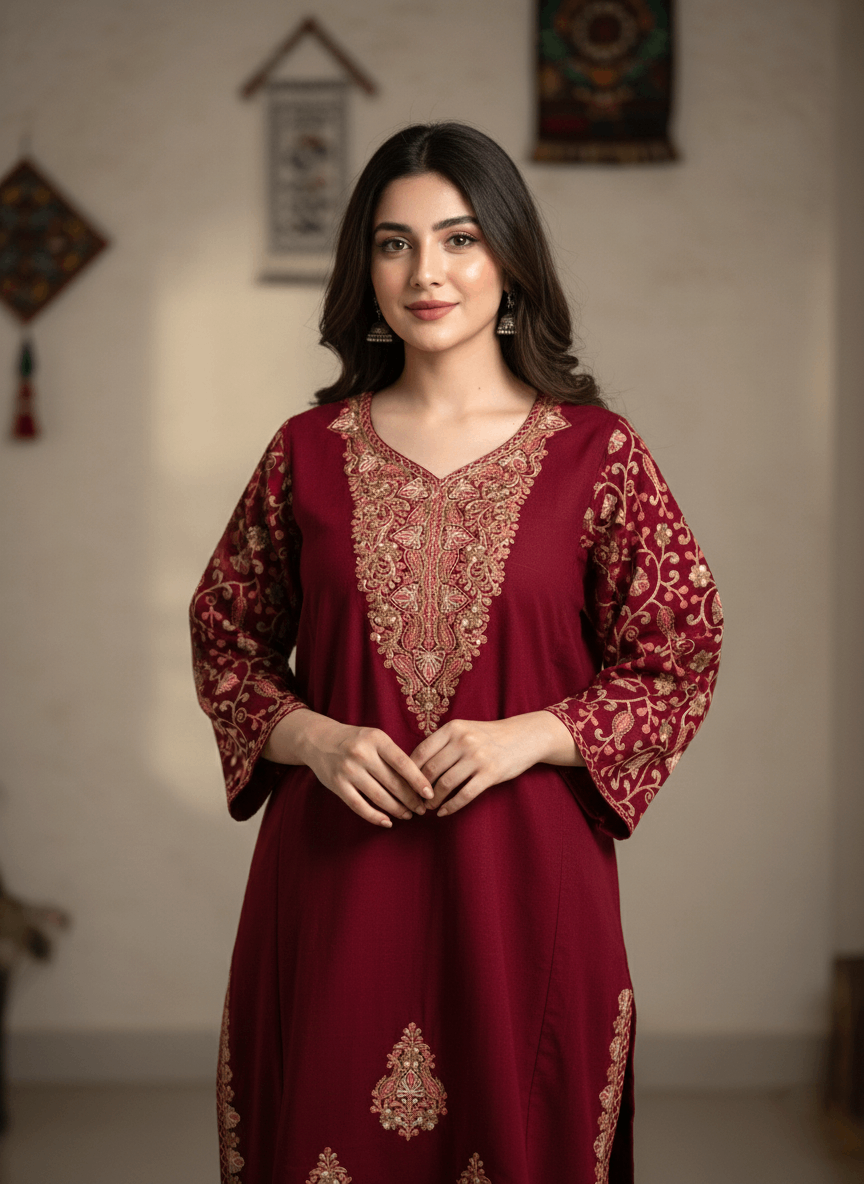 Maroon Aari–Tilla Embroidered Kashmiri Pheran