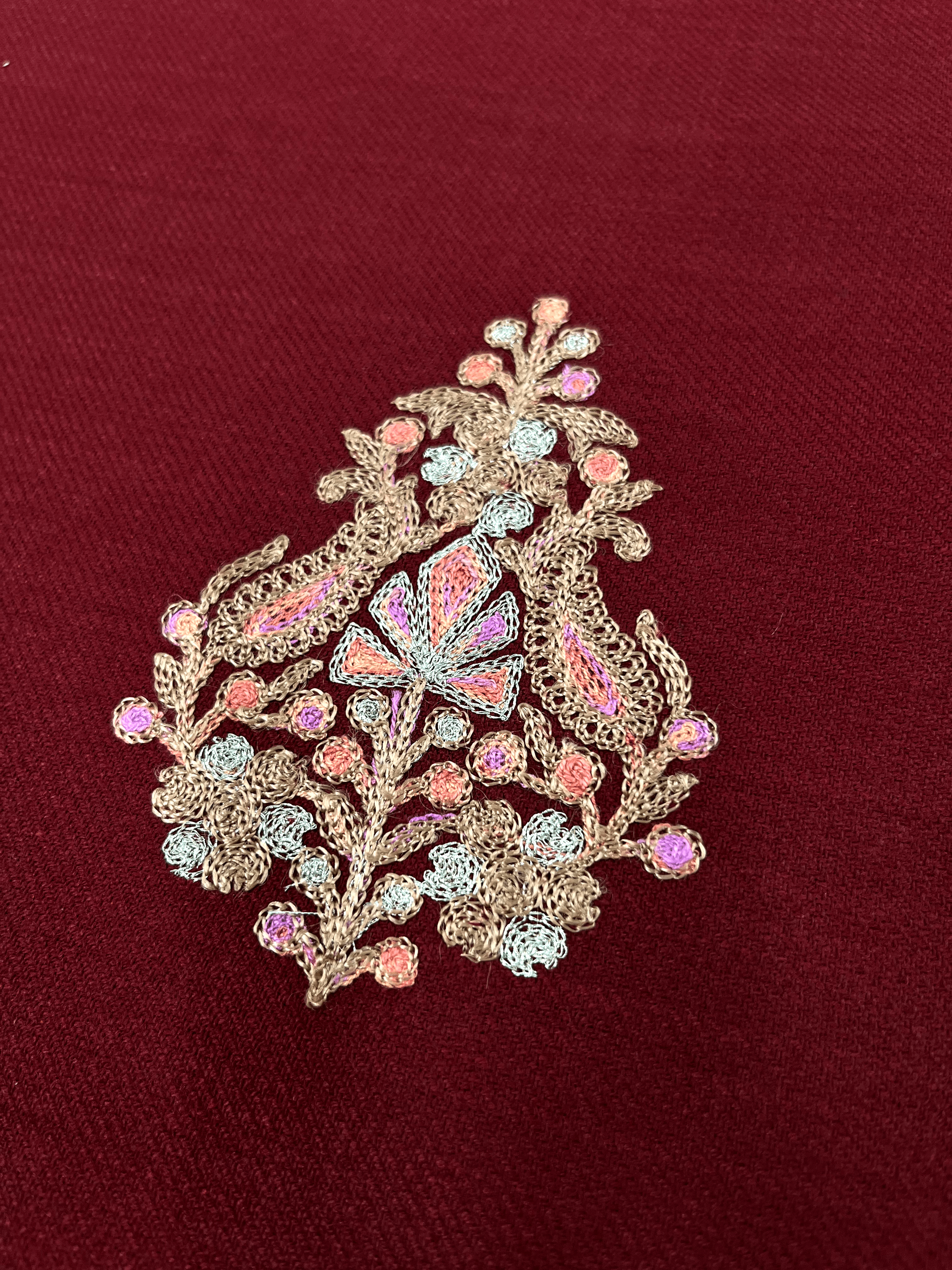 Maroon Aari–Tilla Embroidered Kashmiri Pheran