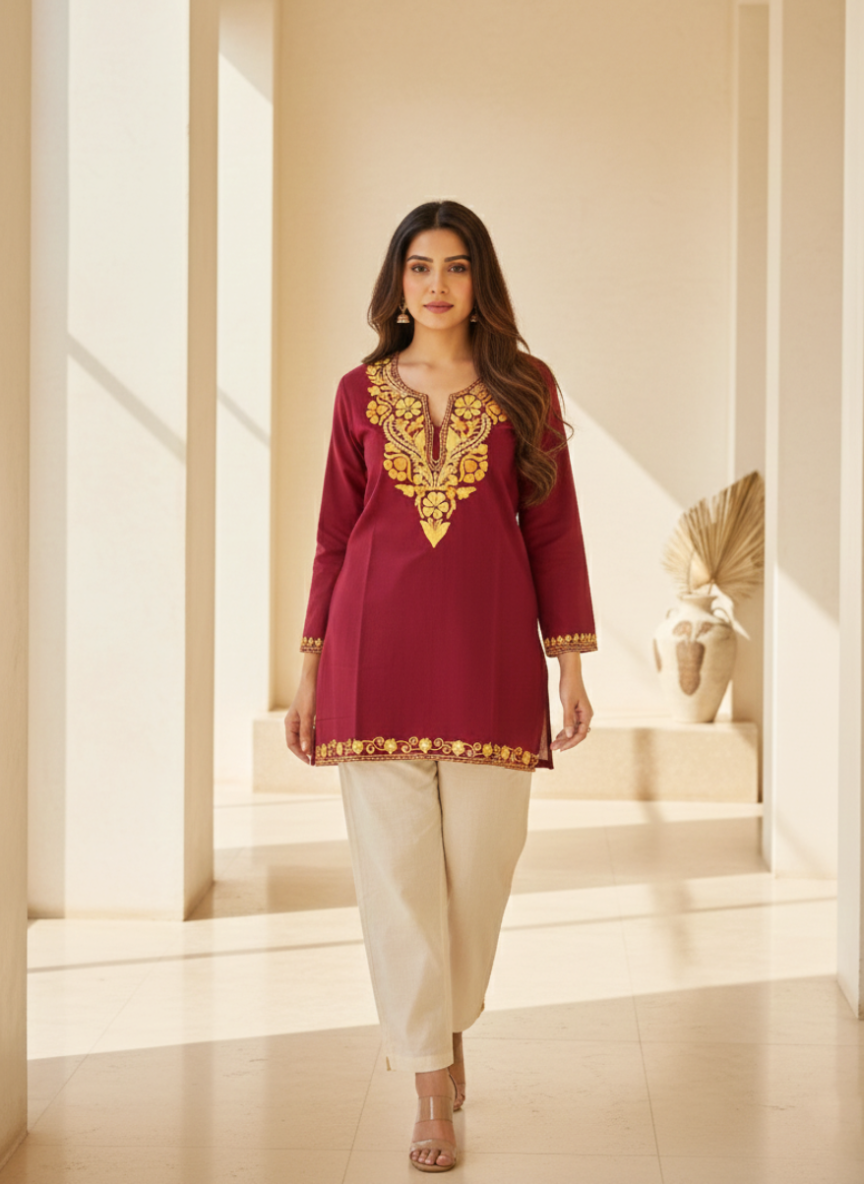 Maroon and Gold Yellow Aari Embroidered Cotton Short Kurti