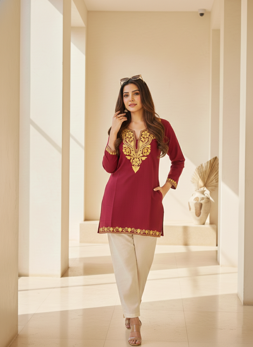 Maroon and Gold Yellow Aari Embroidered Cotton Short Kurti